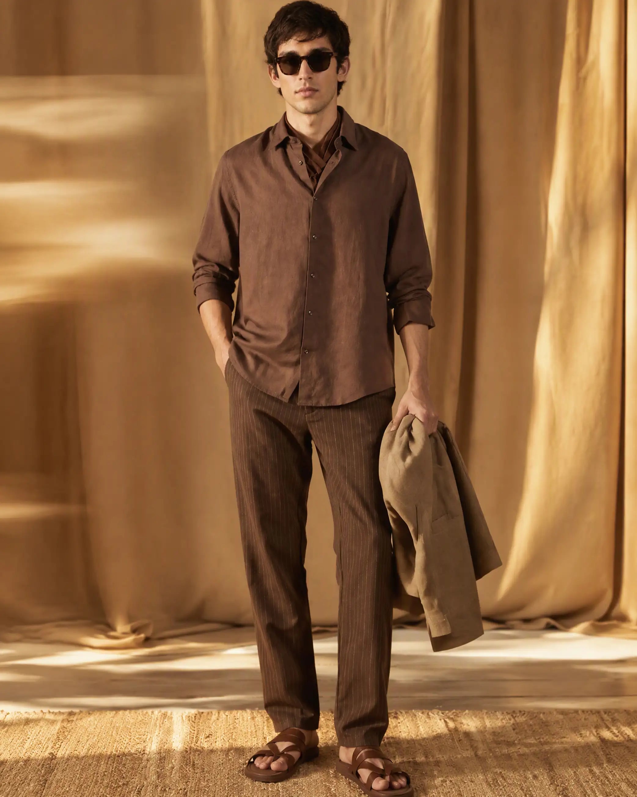 Rare Rabbit Men's Linex-Ls-Aw26 Brown Linen Blend Spread Collar Regular Fit Plain Shirt