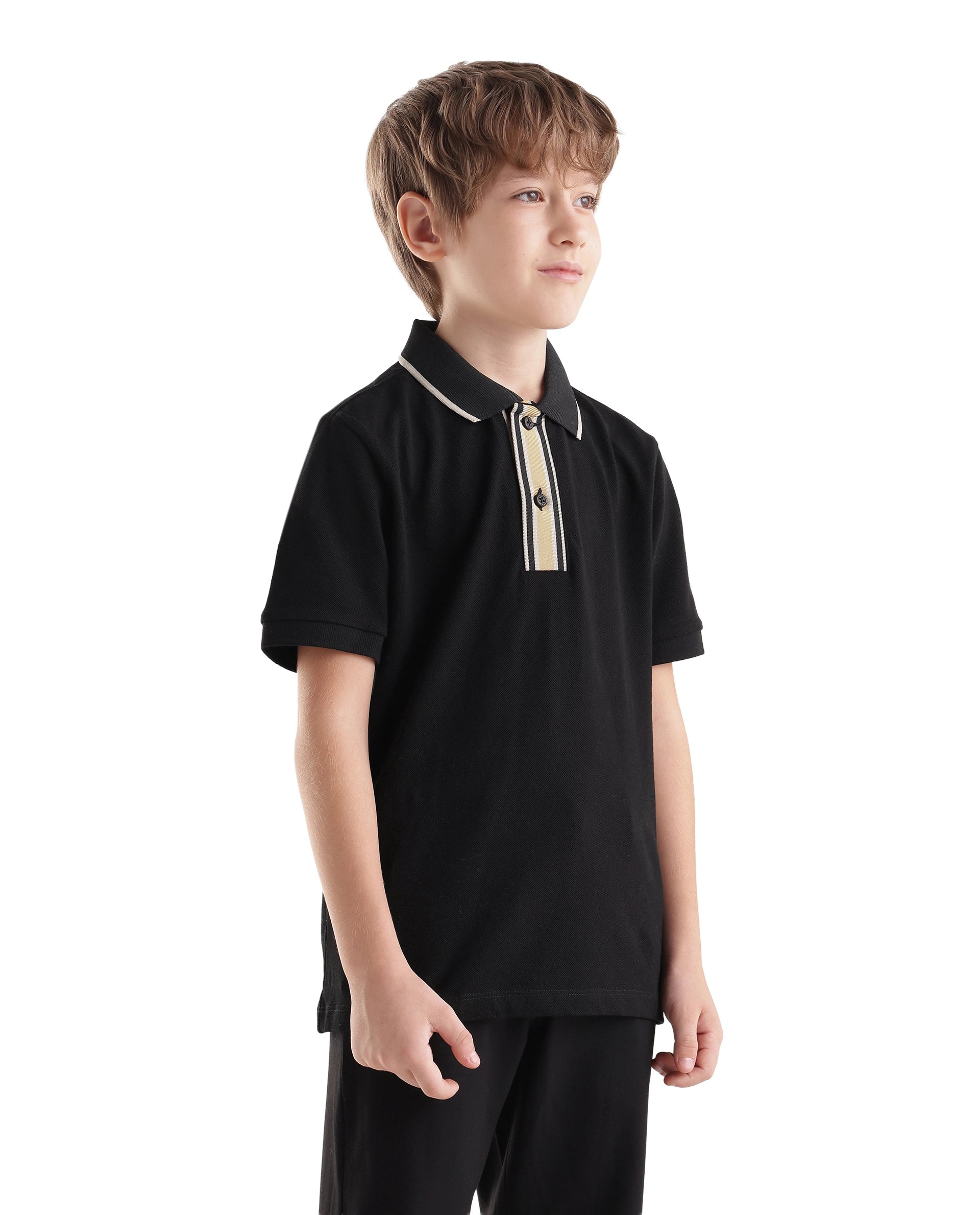 Rare Ones Kids Bold Black Cotton Fabric Button Closure Regular Fit Polo