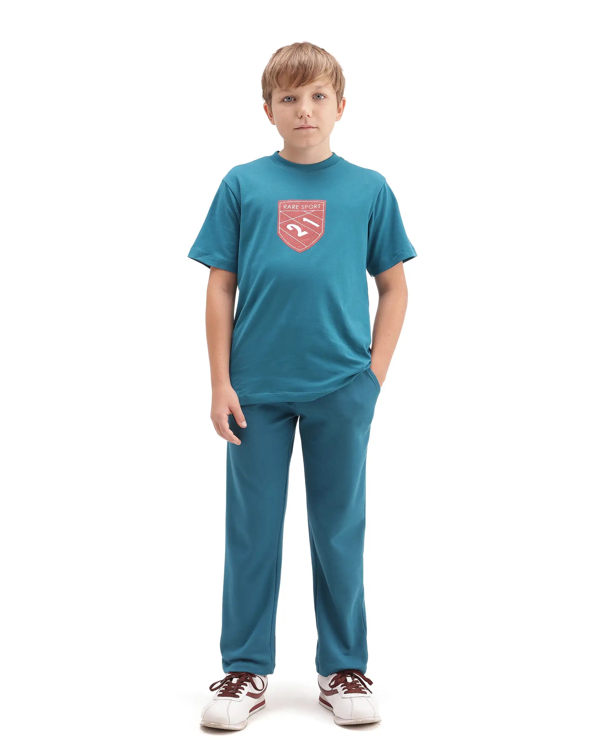 Rare Ones Kids Cadi-B Teal Cotton Blend Drawstring Closure Straight Fit Solid Trackpant