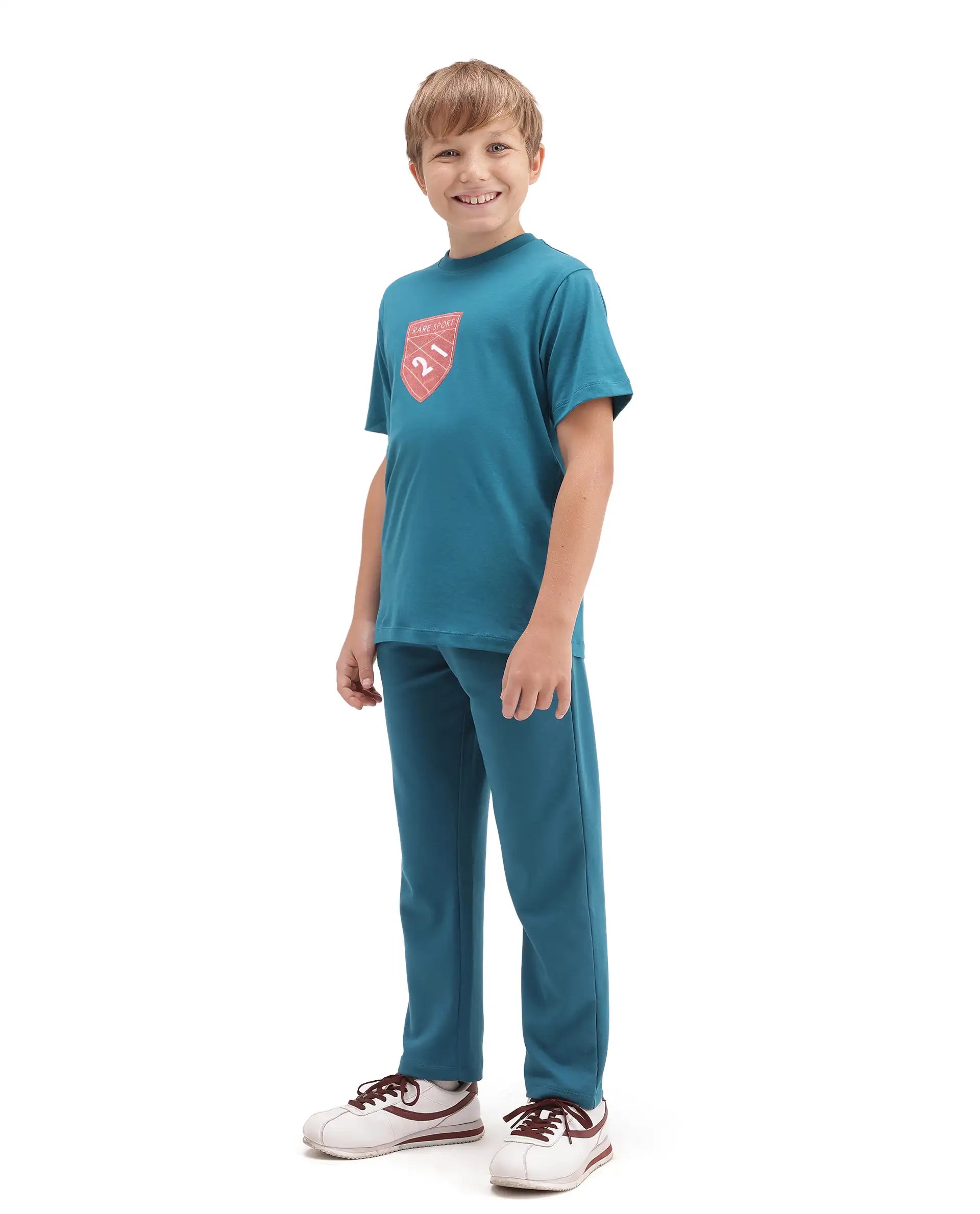 Rare Ones Kids Cadi-B Teal Cotton Blend Drawstring Closure Straight Fit Solid Trackpant
