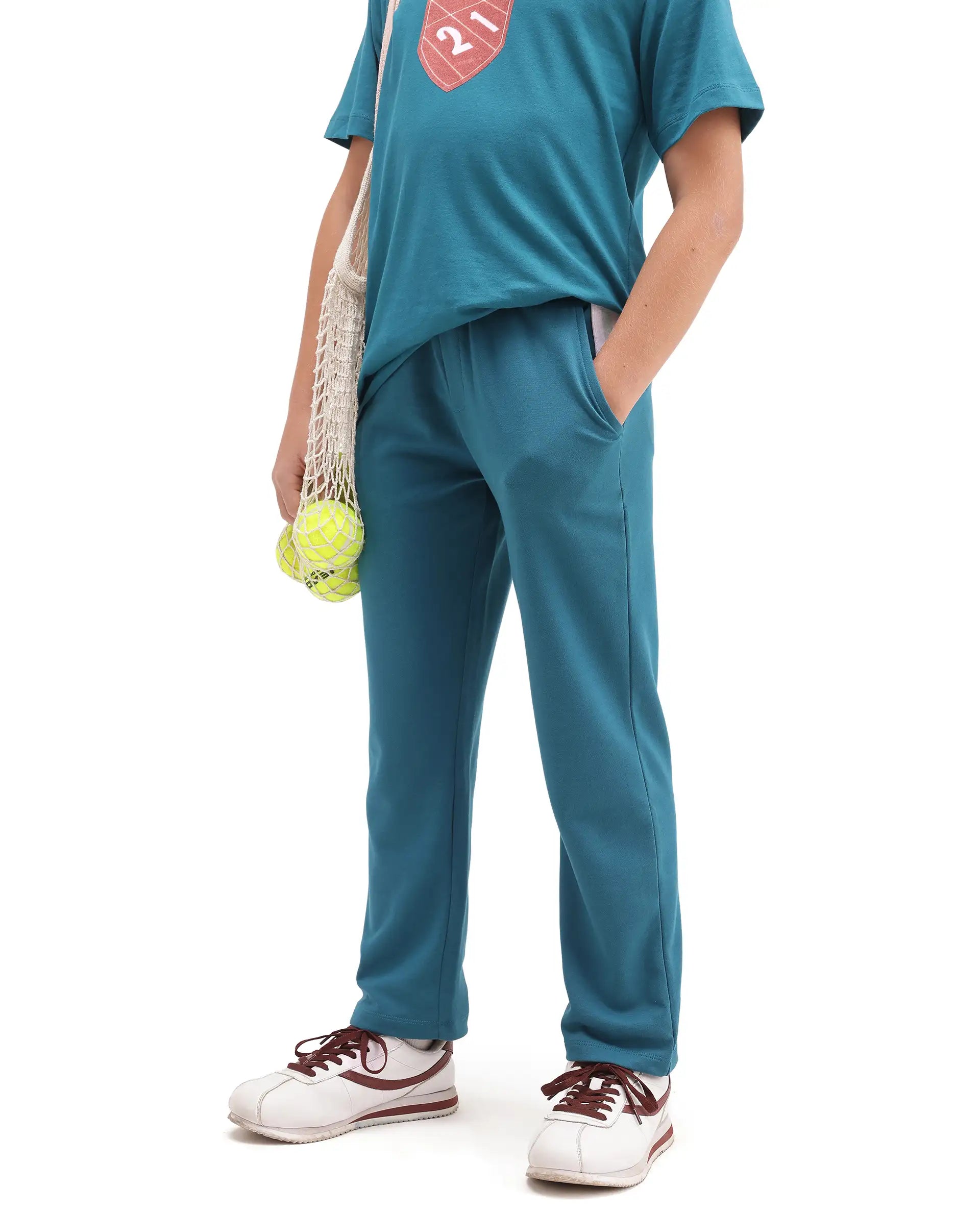 Rare Ones Kids Cadi-B Teal Cotton Blend Drawstring Closure Straight Fit Solid Trackpant