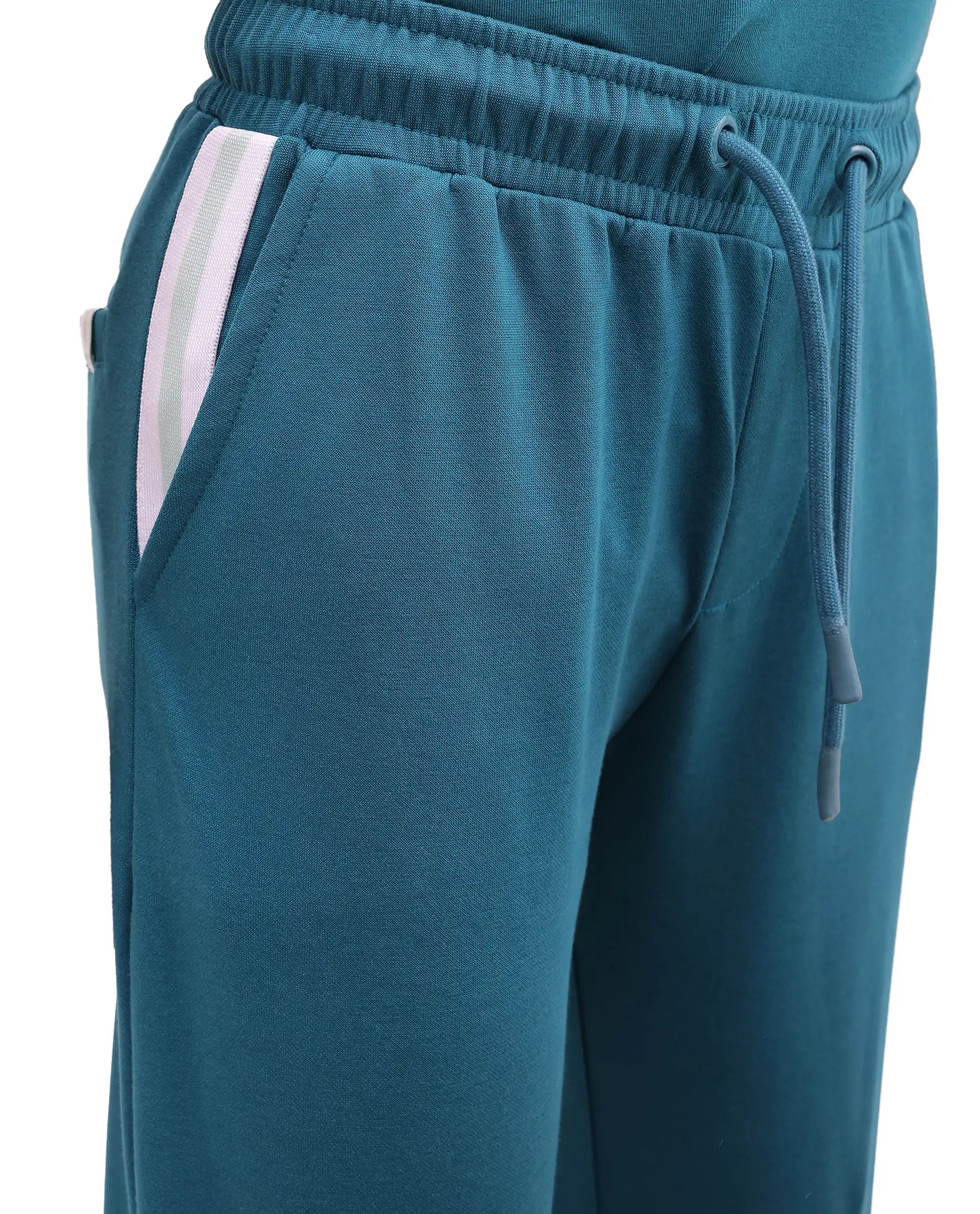 Rare Ones Kids Cadi-B Teal Cotton Blend Drawstring Closure Straight Fit Solid Trackpant