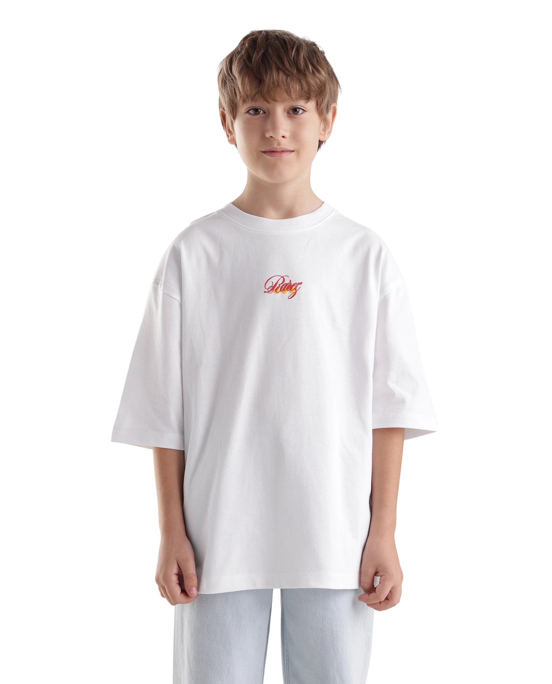 Rare Ones Kids Cube-K White Cotton Fabric Pull-On Closure Oversized Fit T-Shirt