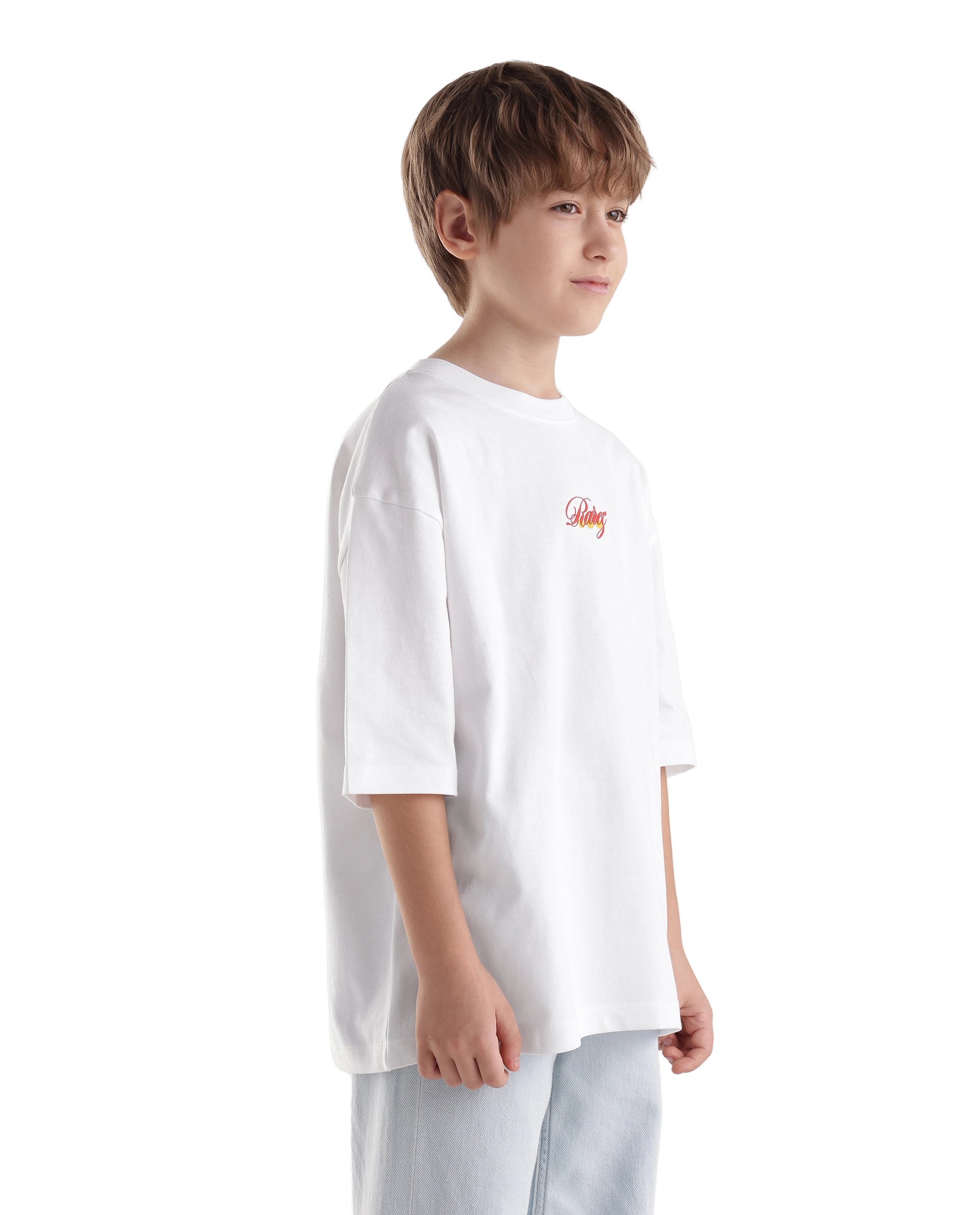 Rare Ones Kids Cube-K White Cotton Fabric Pull-On Closure Oversized Fit T-Shirt