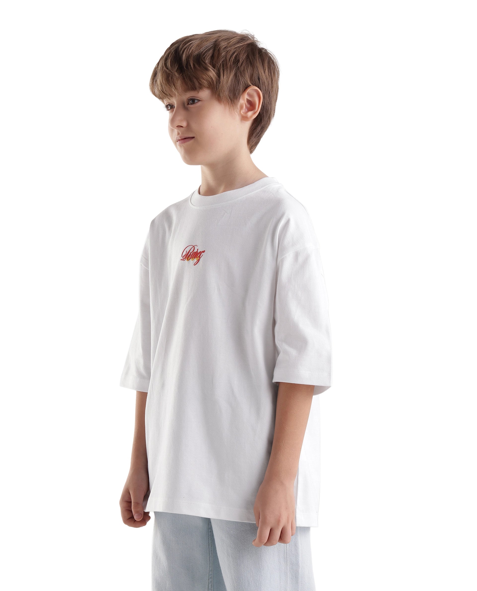 Rare Ones Kids Cube-K White Cotton Fabric Pull-On Closure Oversized Fit T-Shirt