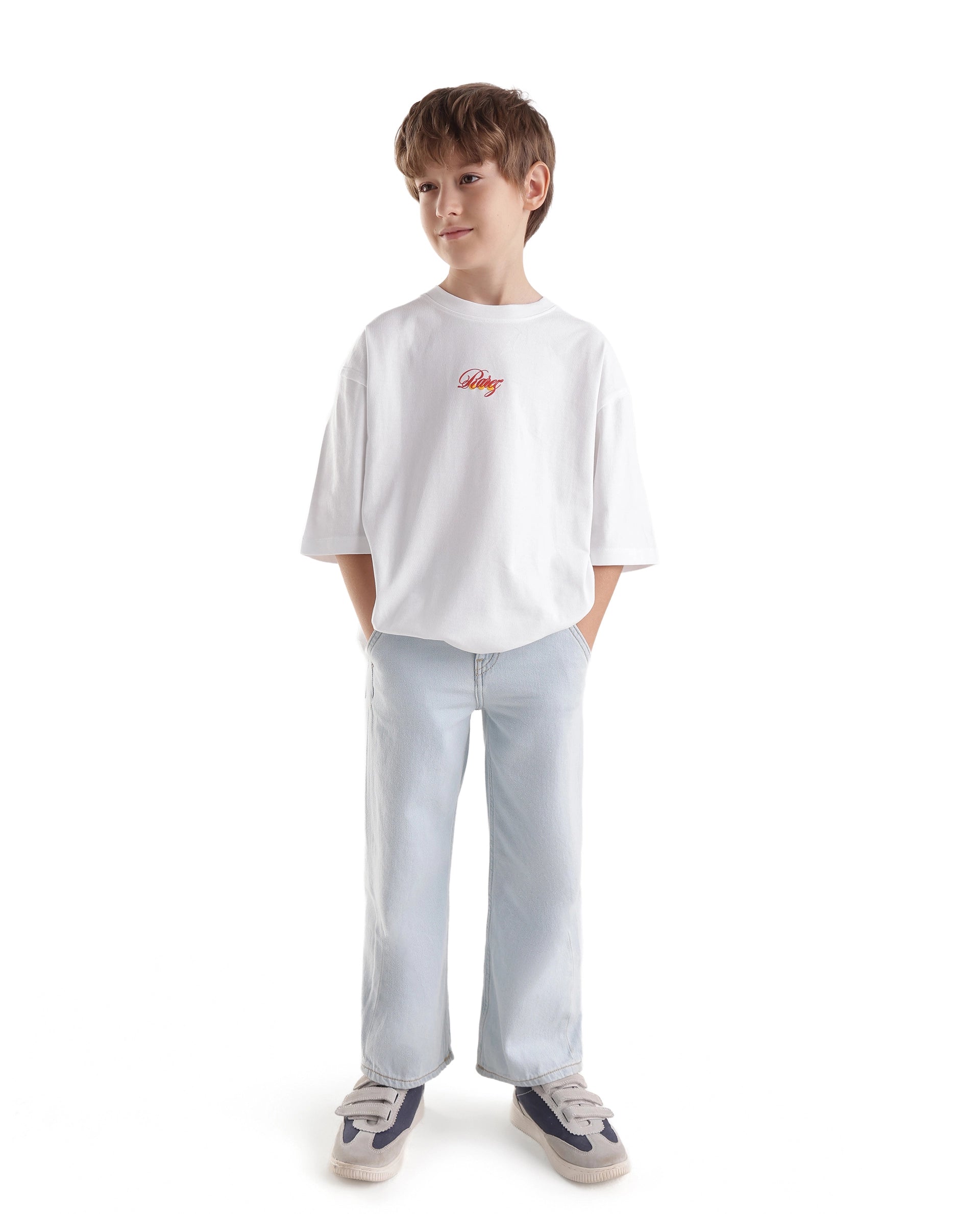 Rare Ones Kids Cube-K White Cotton Fabric Pull-On Closure Oversized Fit T-Shirt