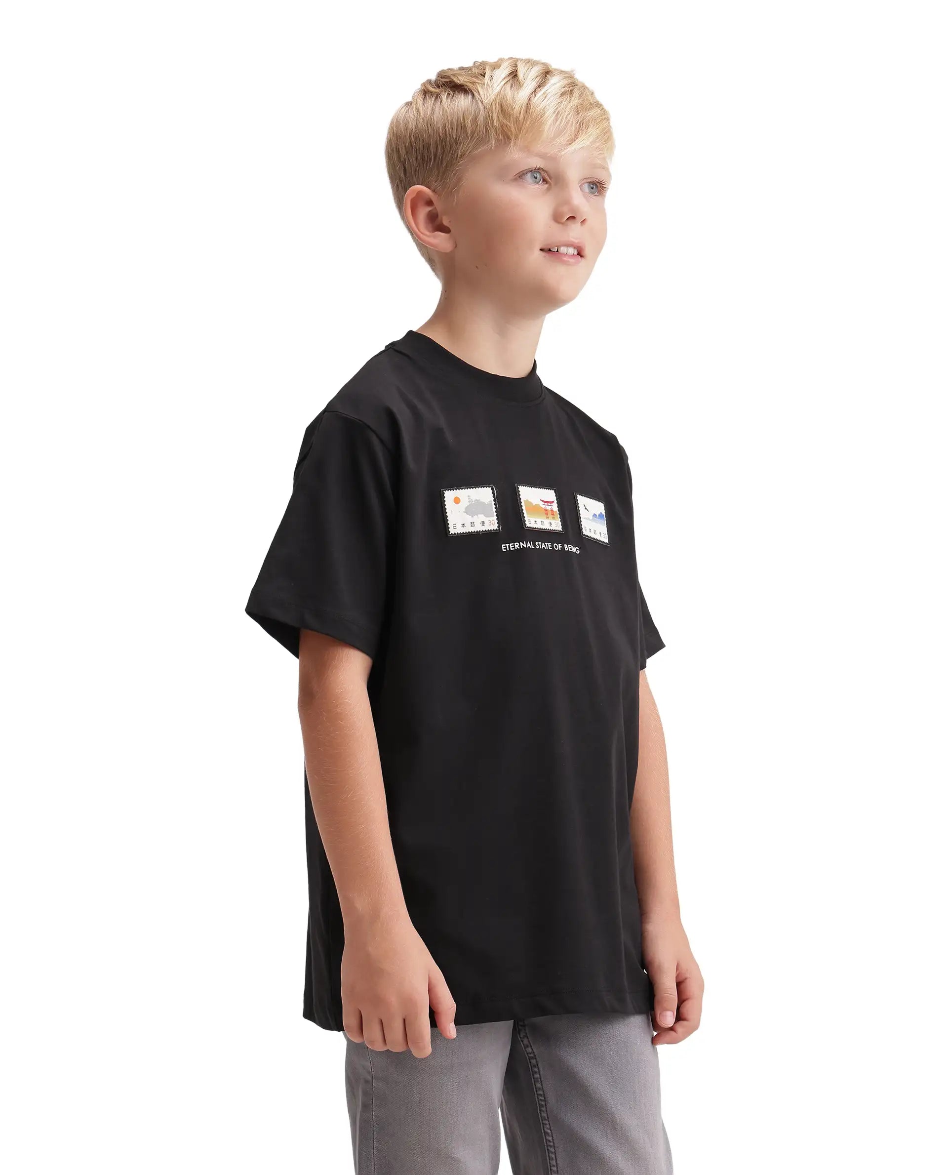 Rare Ones Kids Vob-K Black Cotton Blend Fabric Pull-On Closure Regular Fit T-Shirt