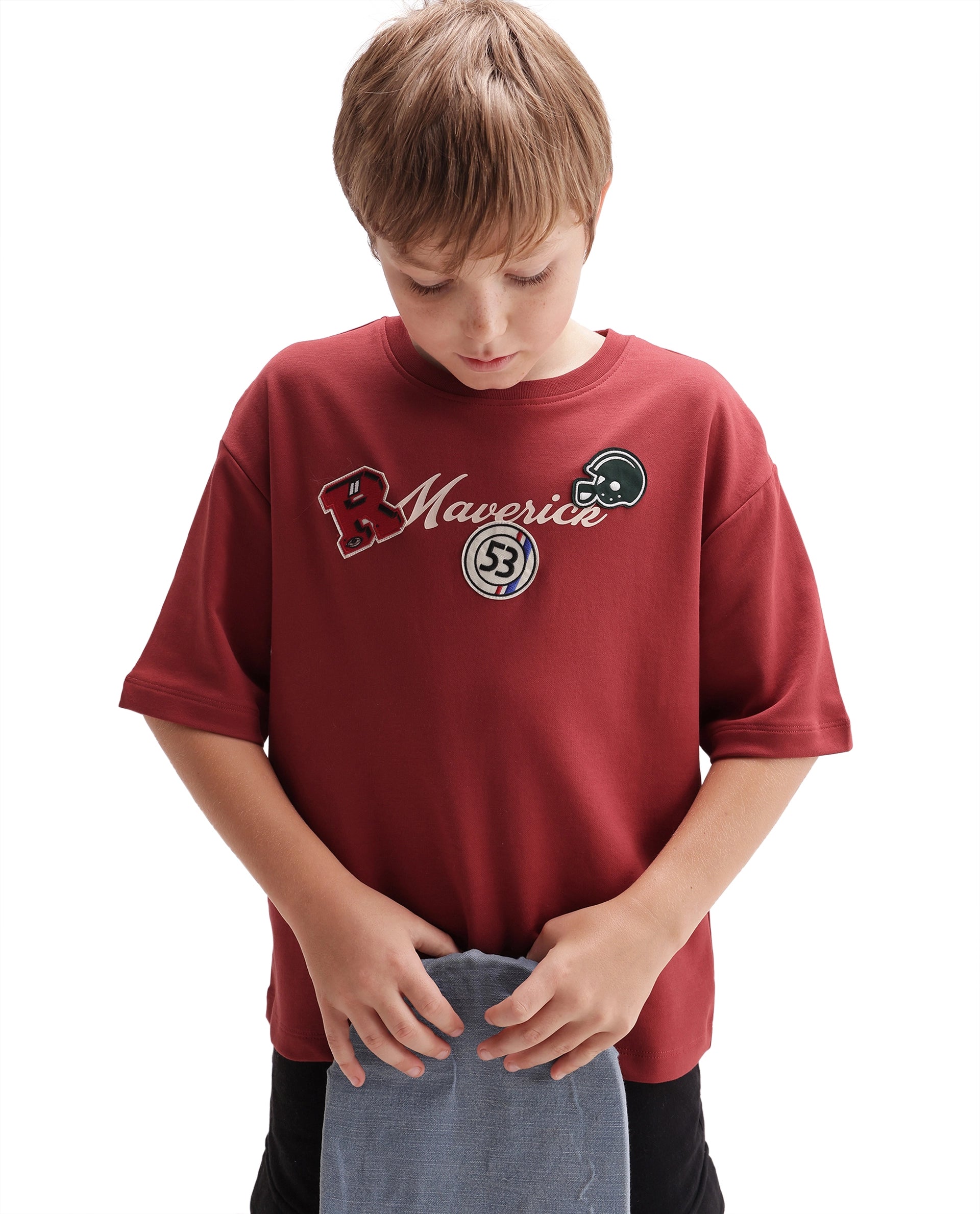Rare Ones Kids Mave Red Cotton Blend Fabric Pull-On Closure Oversized Fit T-Shirt
