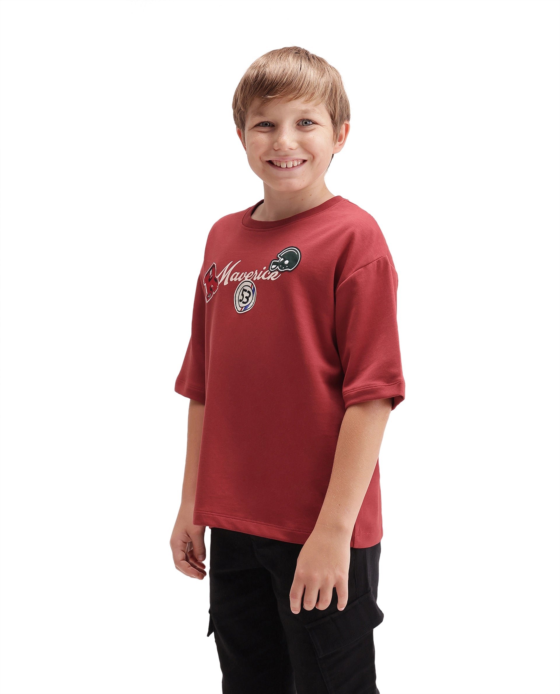 Rare Ones Kids Mave Red Cotton Blend Fabric Pull-On Closure Oversized Fit T-Shirt