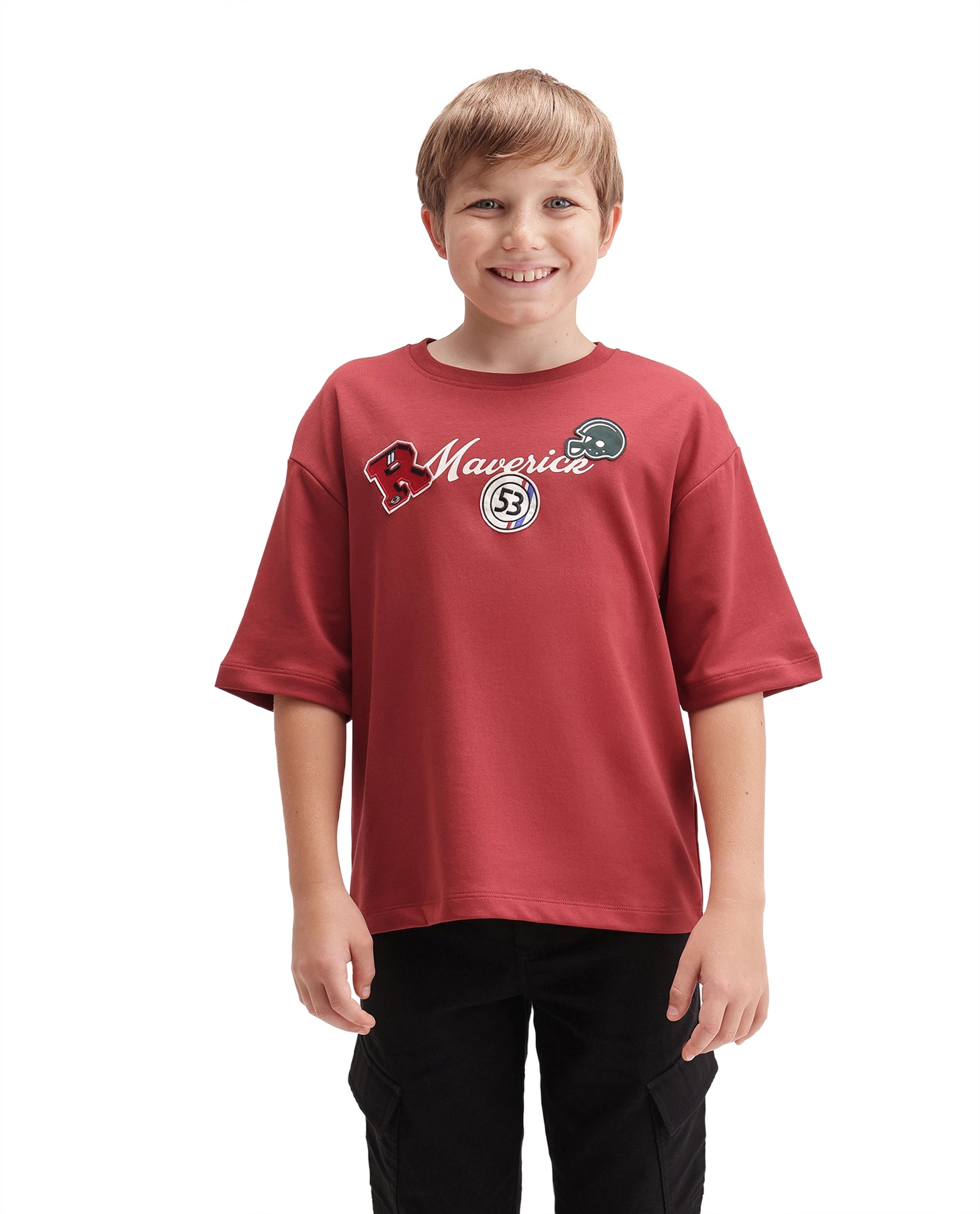 Rare Ones Kids Mave Red Cotton Blend Fabric Pull-On Closure Oversized Fit T-Shirt
