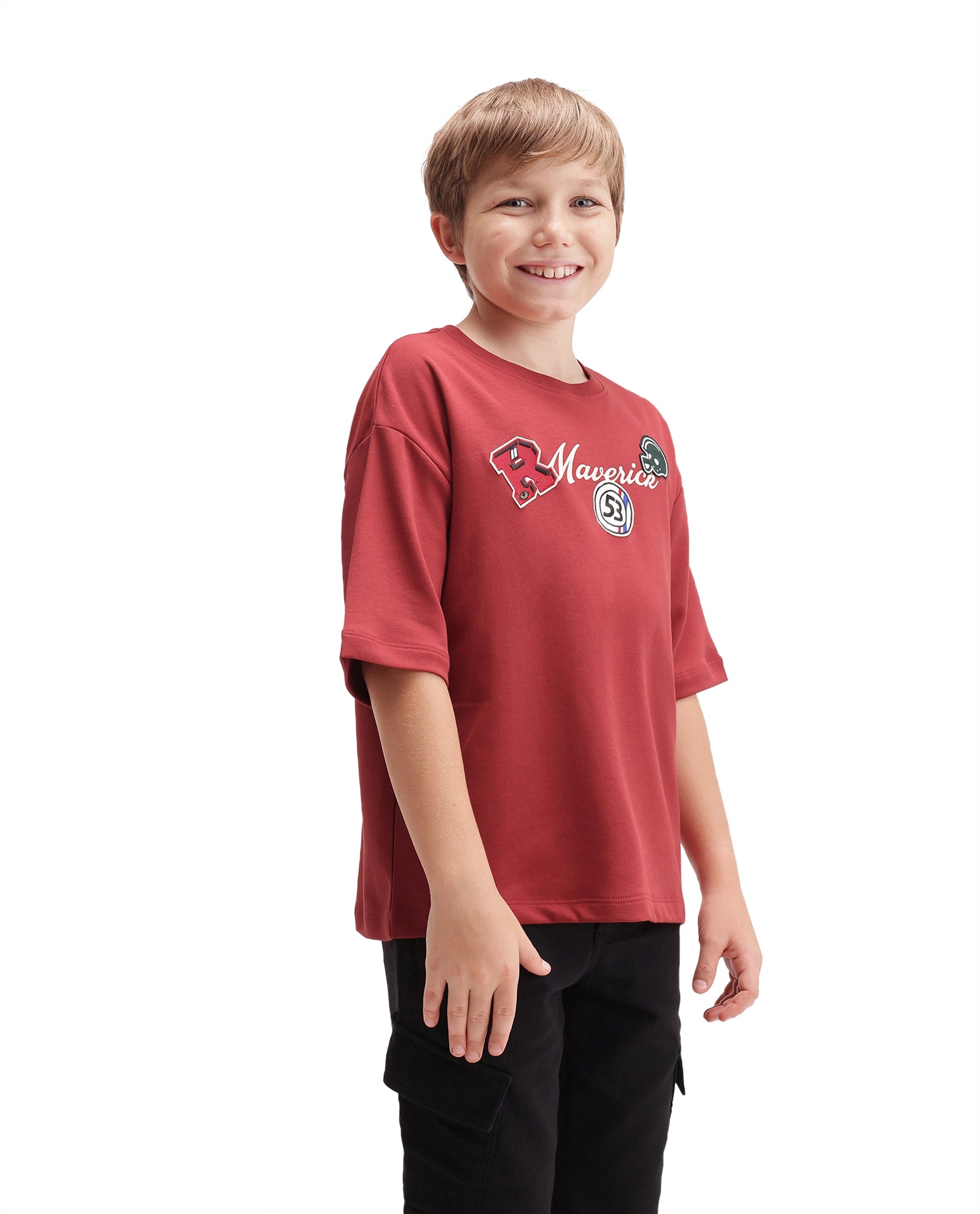 Rare Ones Kids Mave Red Cotton Blend Fabric Pull-On Closure Oversized Fit T-Shirt