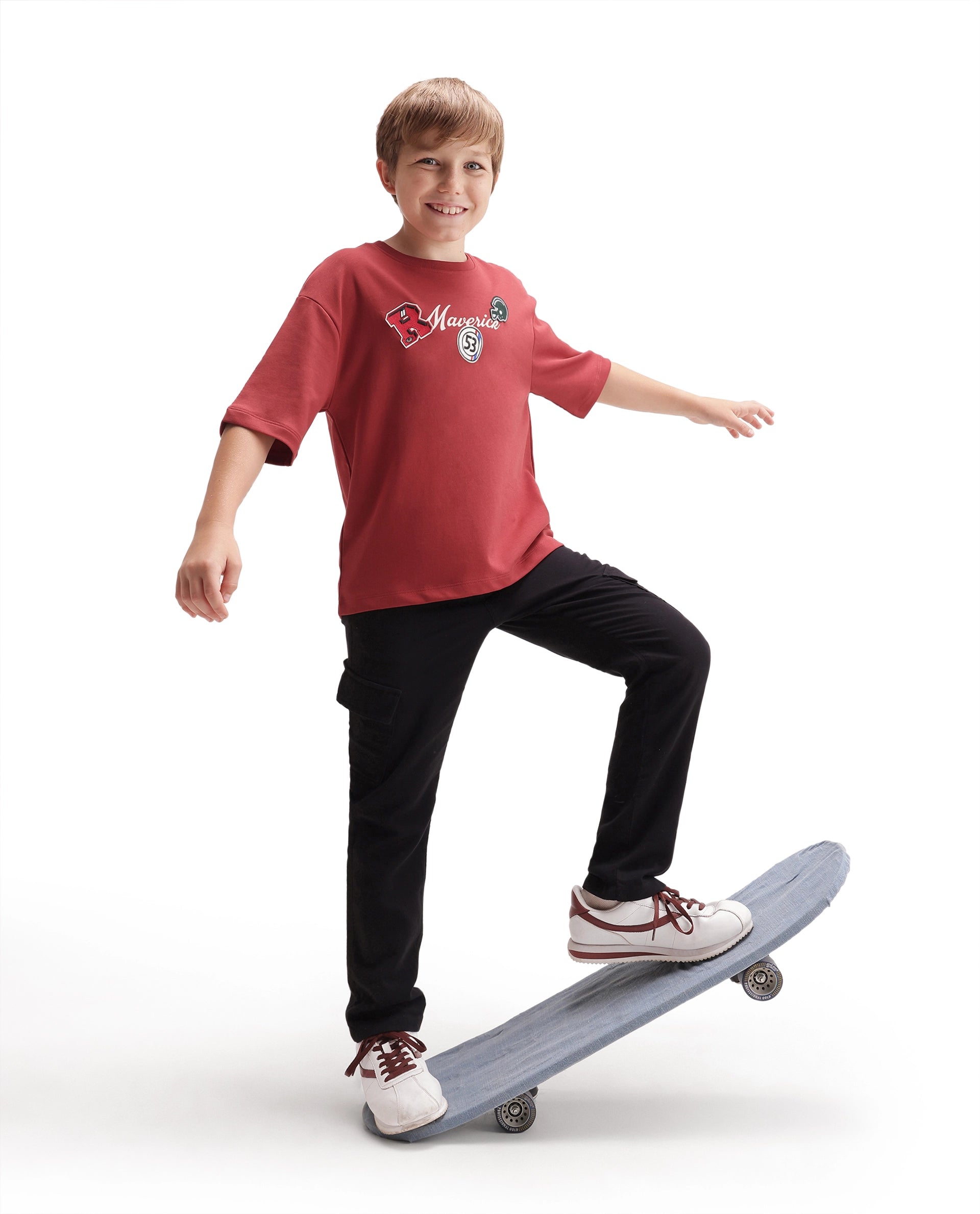 Rare Ones Kids Mave Red Cotton Blend Fabric Pull-On Closure Oversized Fit T-Shirt