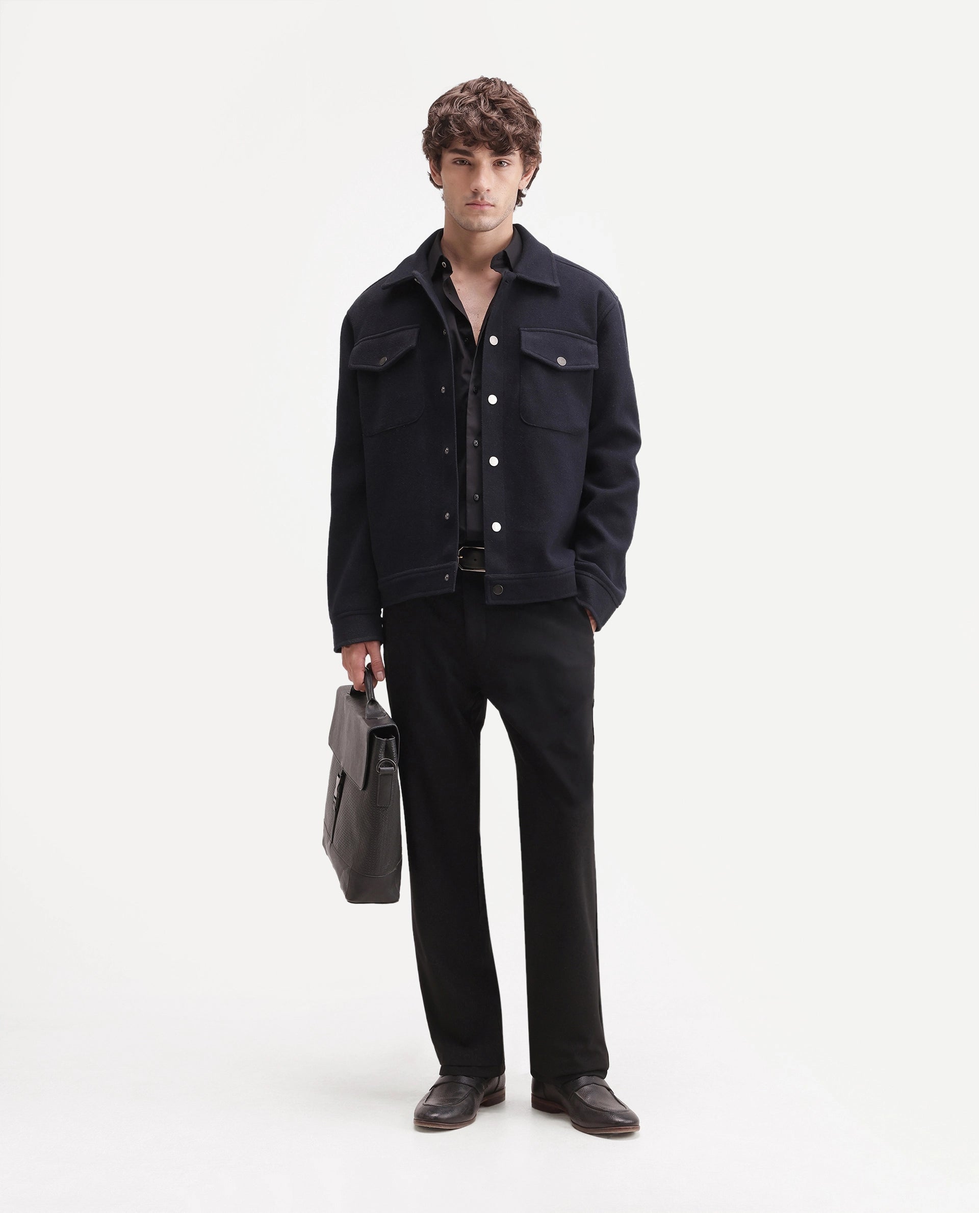 Rare Rabbit Men's Travel-W-Aw26 Black Polyester Blend Button And Zip Regular Plain Trouser