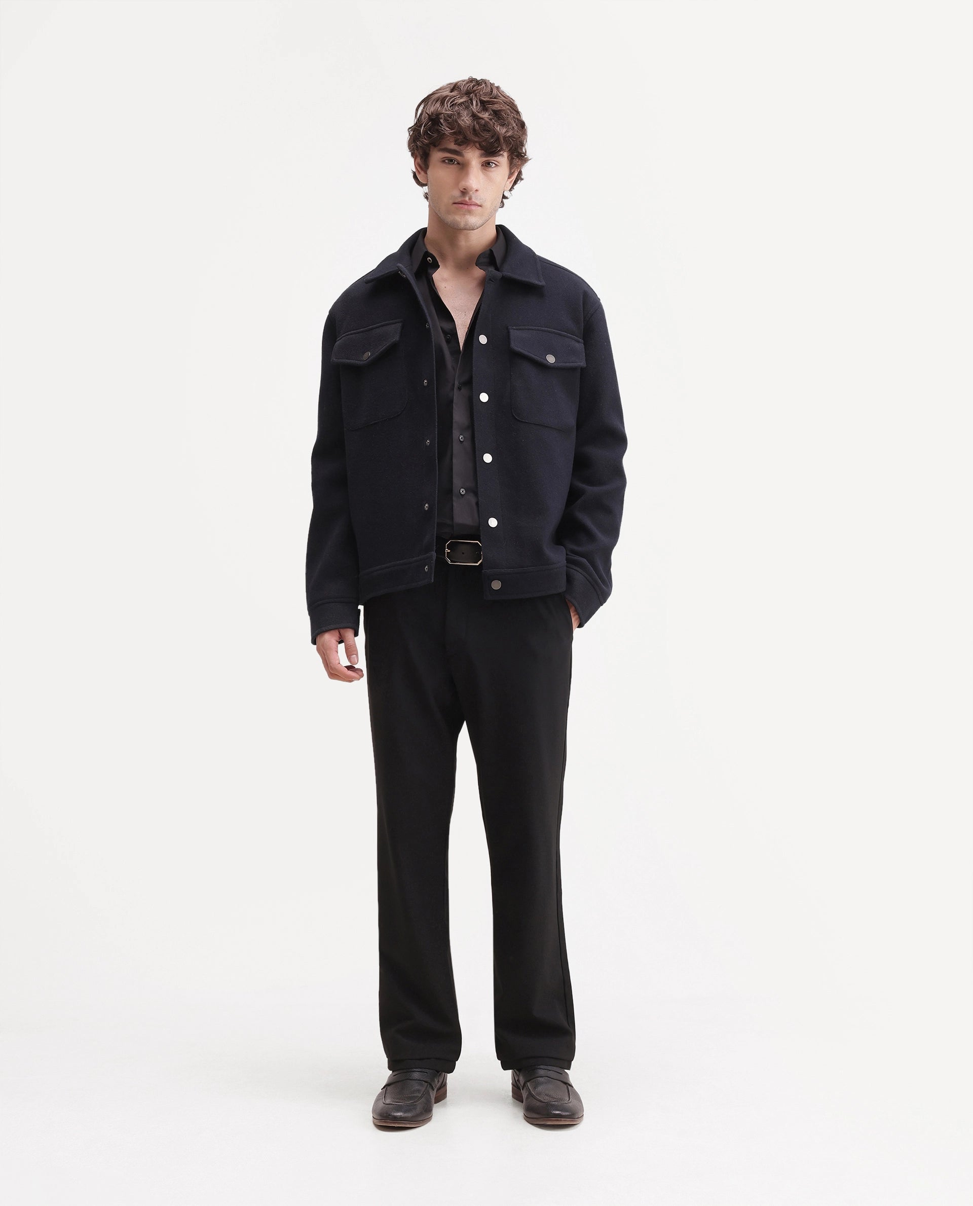Rare Rabbit Men's Travel-W-Aw26 Black Polyester Blend Button And Zip Regular Plain Trouser