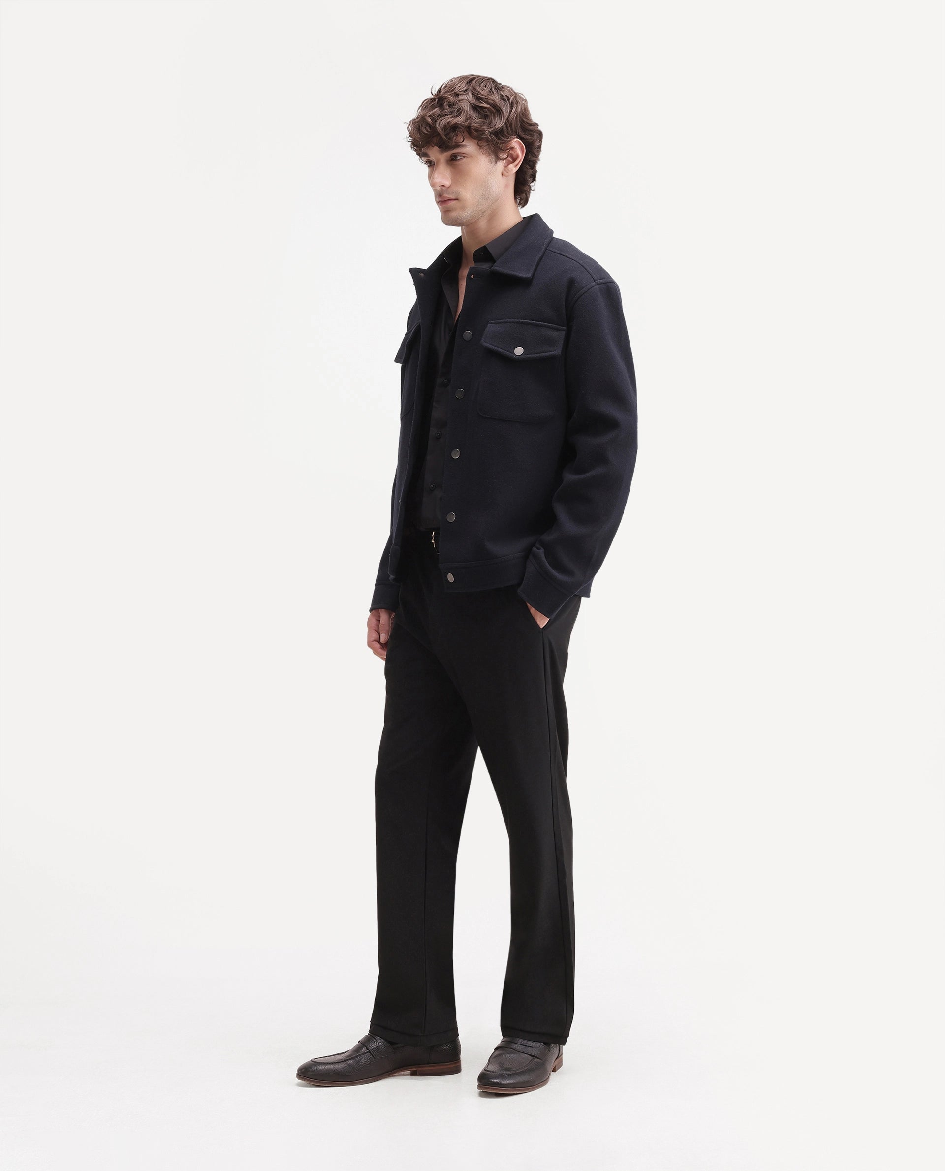 Rare Rabbit Men's Travel-W-Aw26 Black Polyester Blend Button And Zip Regular Plain Trouser