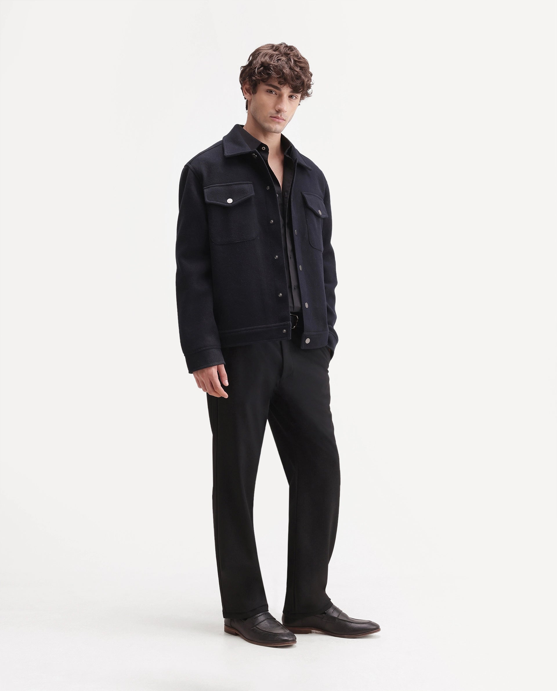 Rare Rabbit Men's Travel-W-Aw26 Black Polyester Blend Button And Zip Regular Plain Trouser
