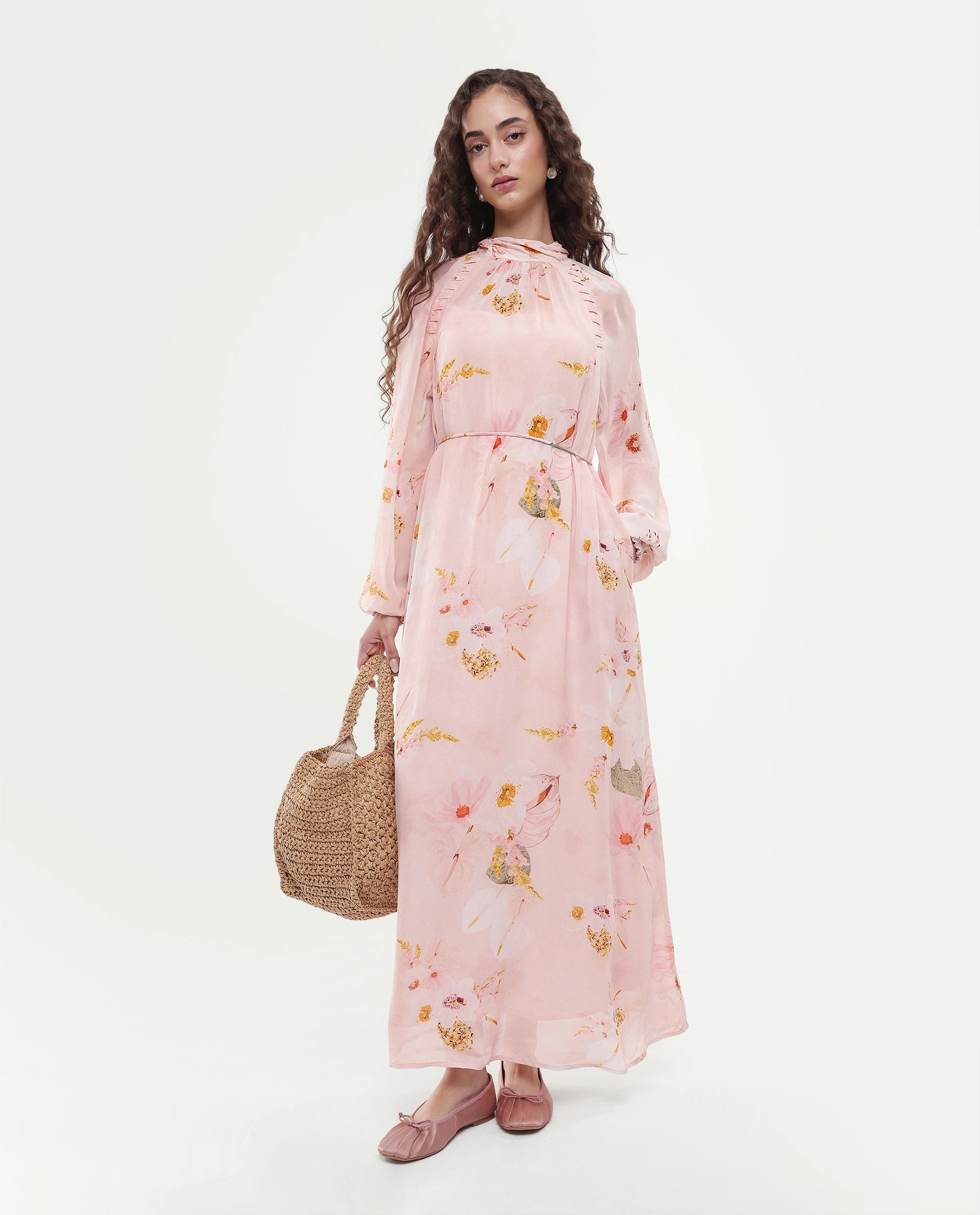 Rareism Women's Rumink Pastel Pink Viscose Band Collar Button A-Line Printed Dress