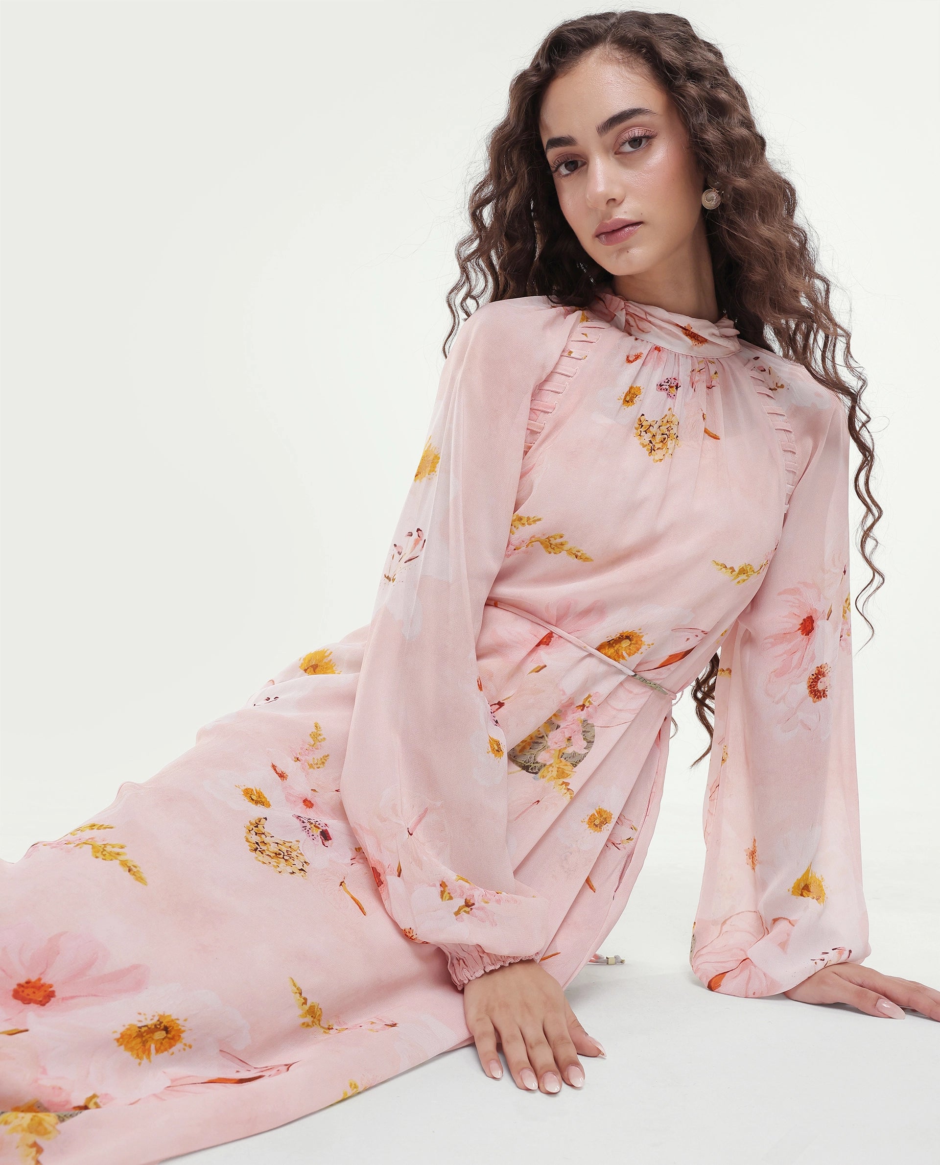 Rareism Women's Rumink Pastel Pink Viscose Band Collar Button A-Line Printed Dress