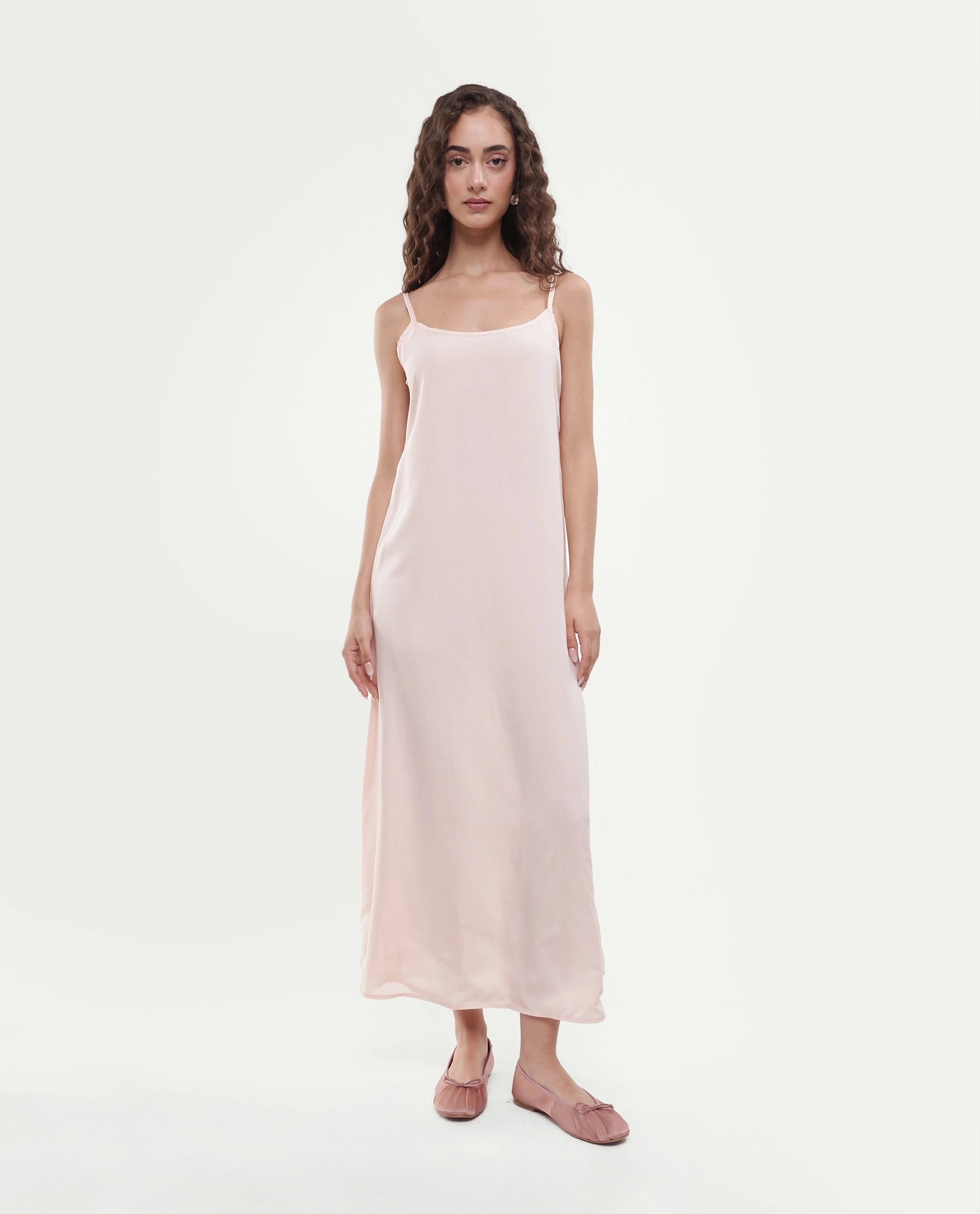 Rareism Women's Rumink Pastel Pink Viscose Band Collar Button A-Line Printed Dress