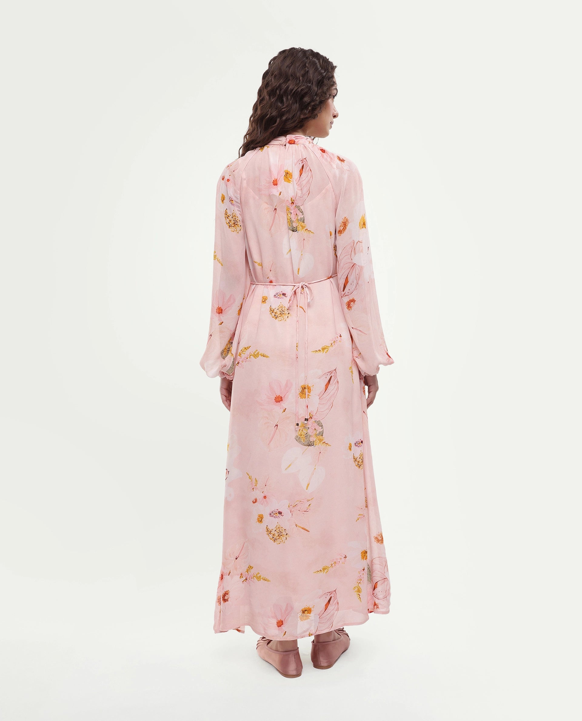 Rareism Women's Rumink Pastel Pink Viscose Band Collar Button A-Line Printed Dress
