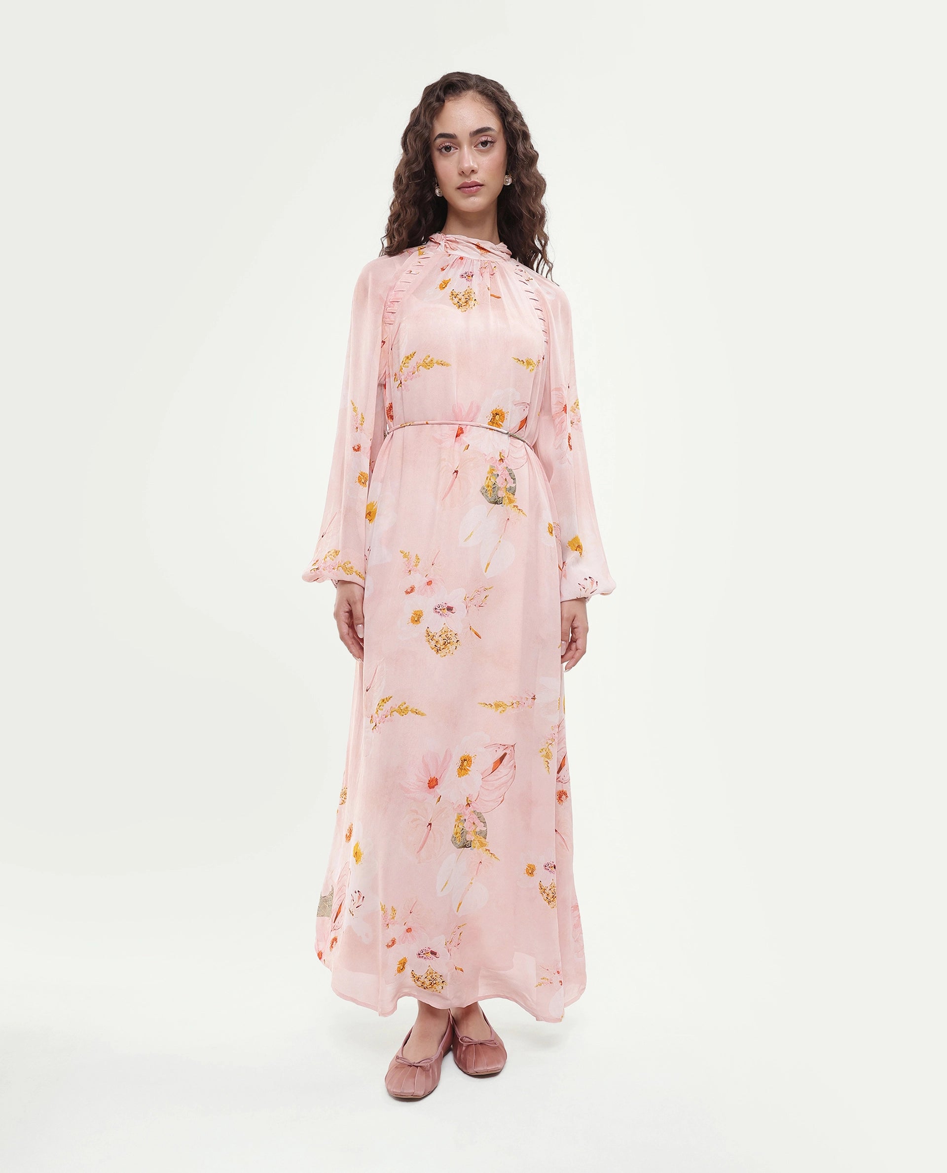 Rareism Women's Rumink Pastel Pink Viscose Band Collar Button A-Line Printed Dress