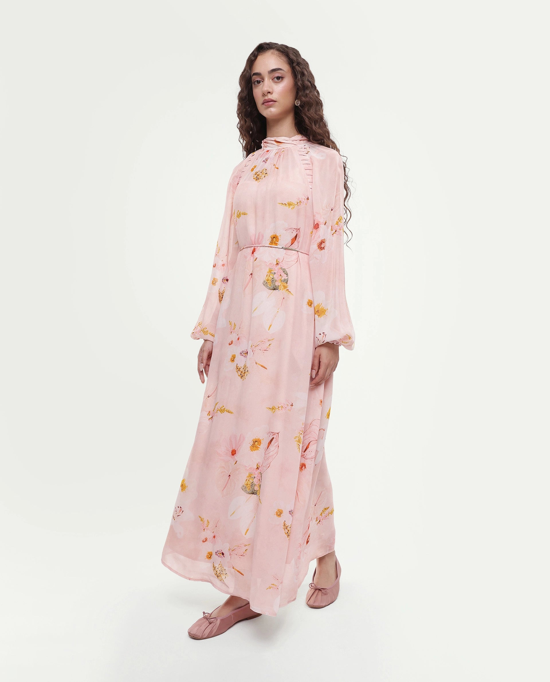 Rareism Women's Rumink Pastel Pink Viscose Band Collar Button A-Line Printed Dress