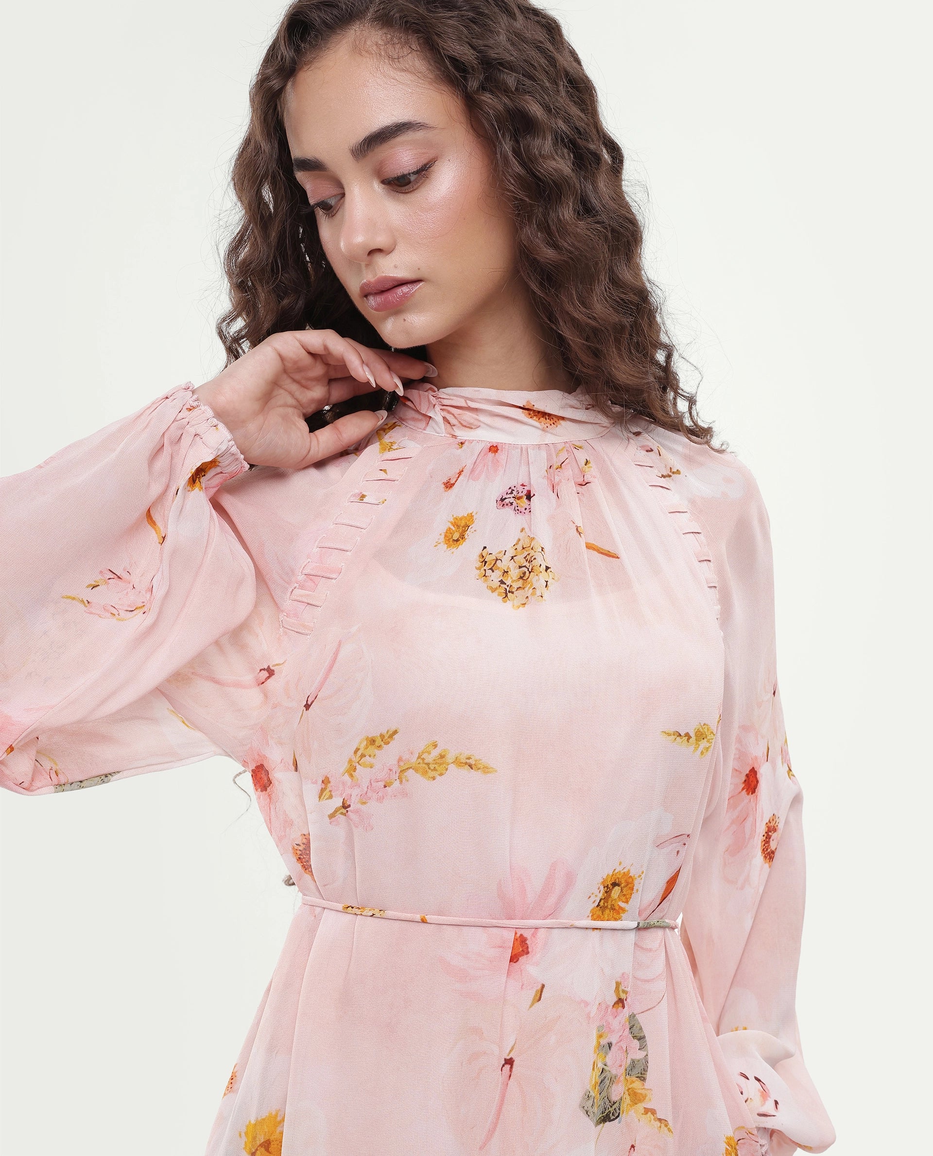 Rareism Women's Rumink Pastel Pink Viscose Band Collar Button A-Line Printed Dress