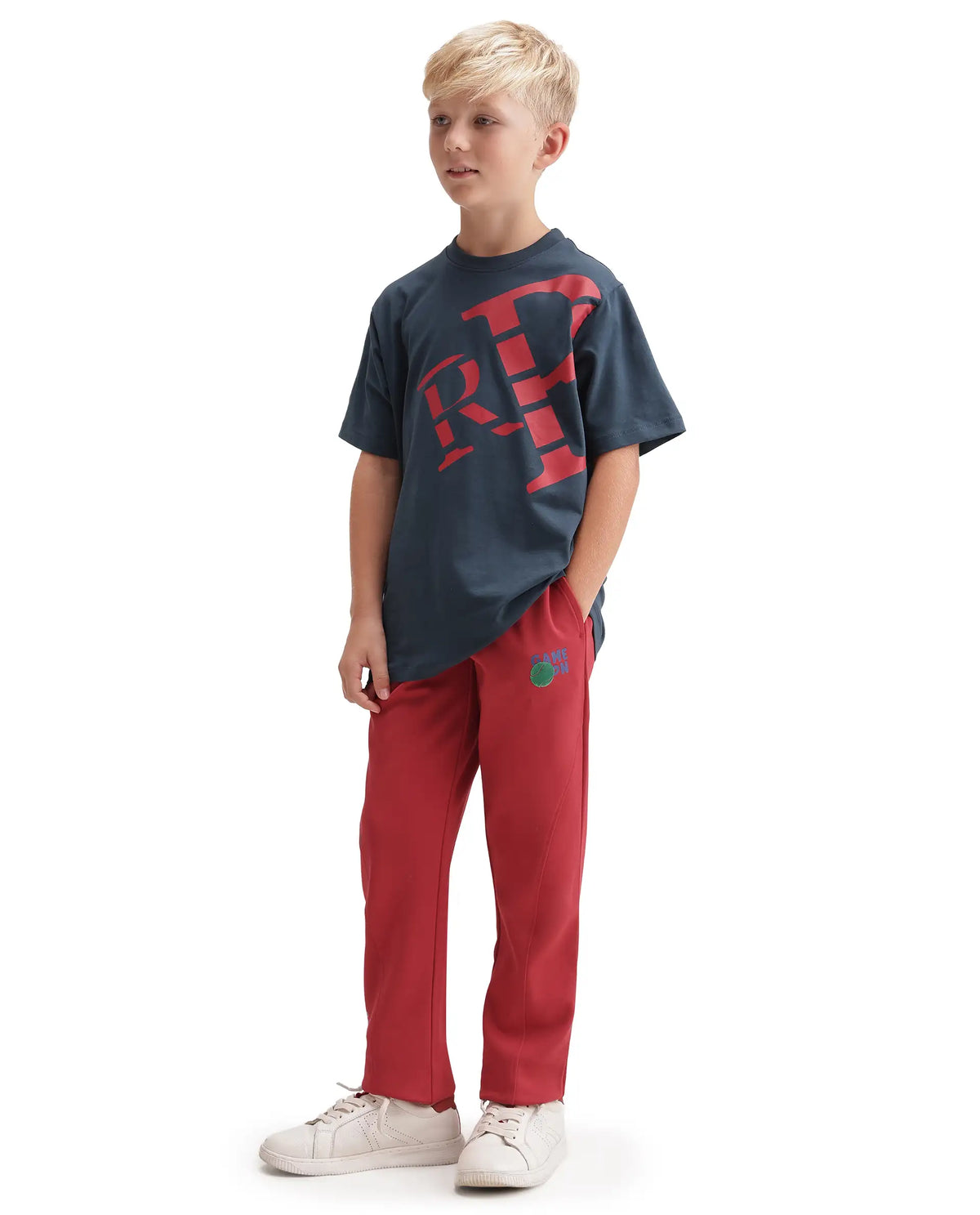 Rare Ones Kids Ronda Red Cotton Blend Fabric Drawstring Closure Carrot Plain Track Pant