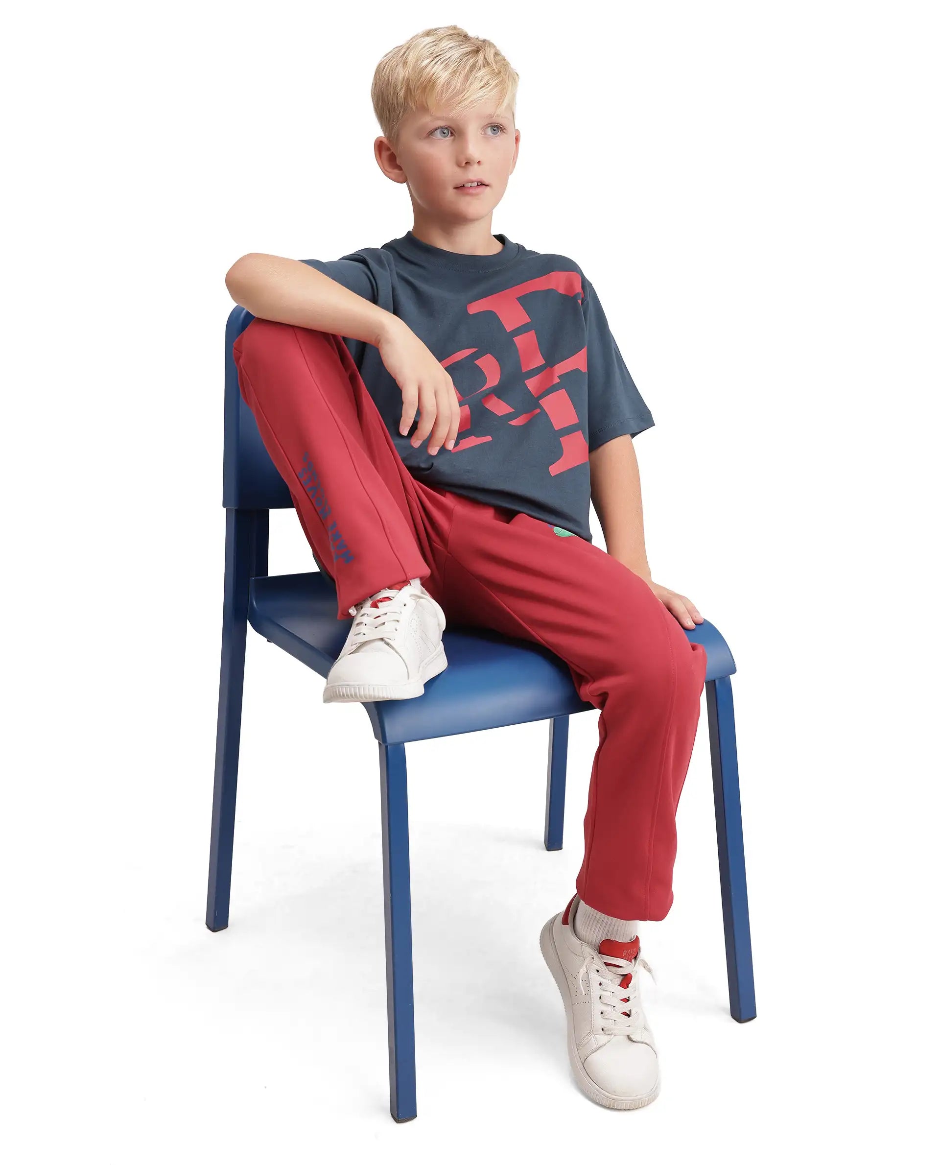 Rare Ones Kids Ronda Red Cotton Blend Fabric Drawstring Closure Carrot Plain Track Pant
