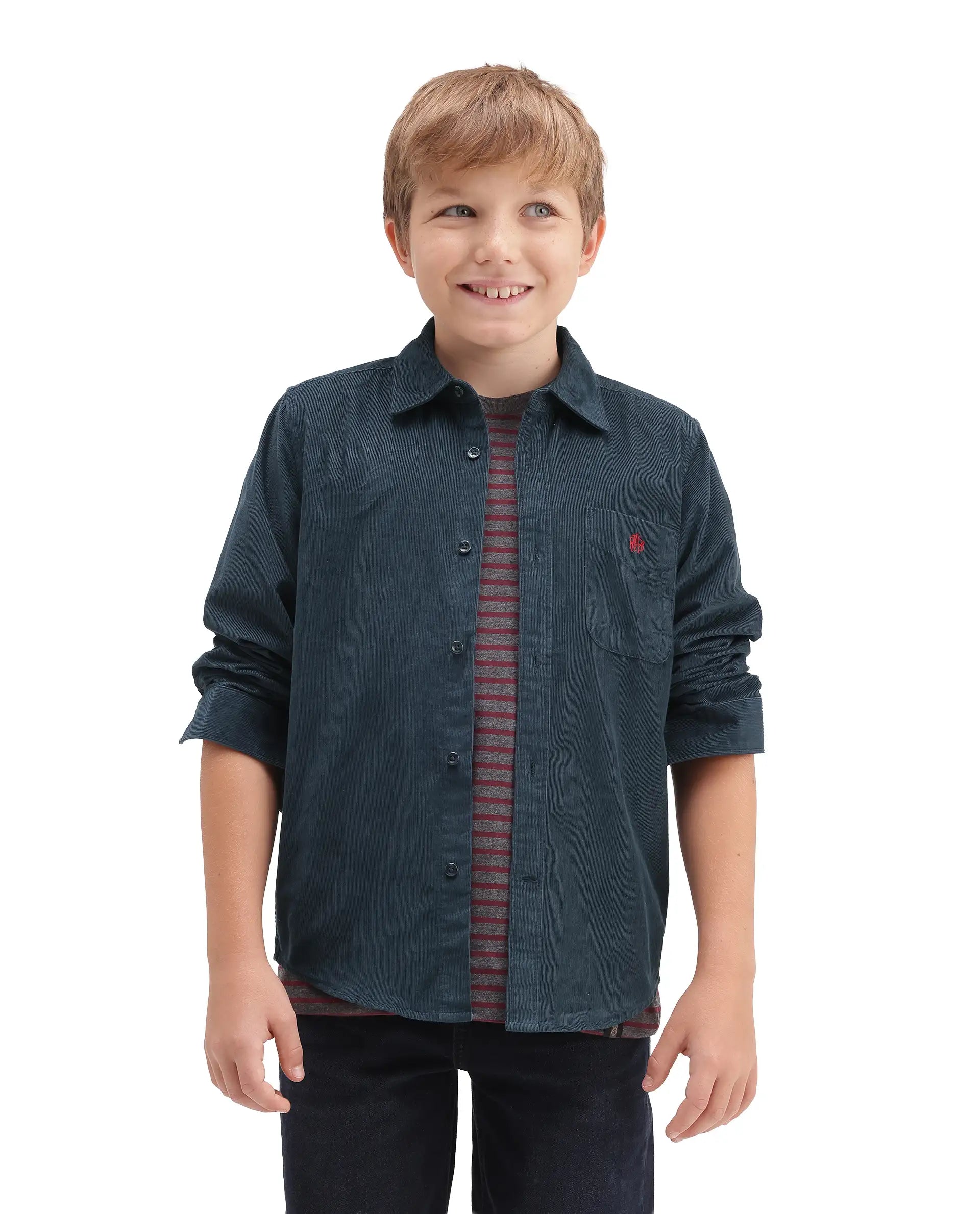 Rare Ones Kids Ceon Teal Cotton Fabric Button Closure Regular Plain Shirt