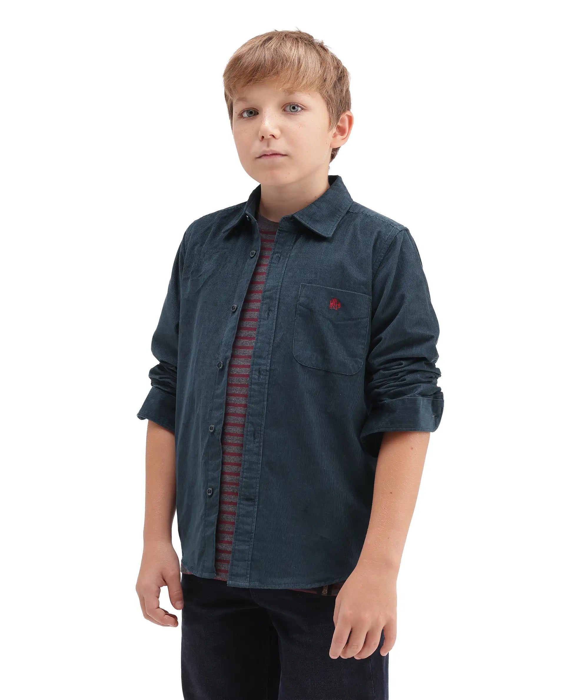 Rare Ones Kids Ceon Teal Cotton Fabric Button Closure Regular Plain Shirt