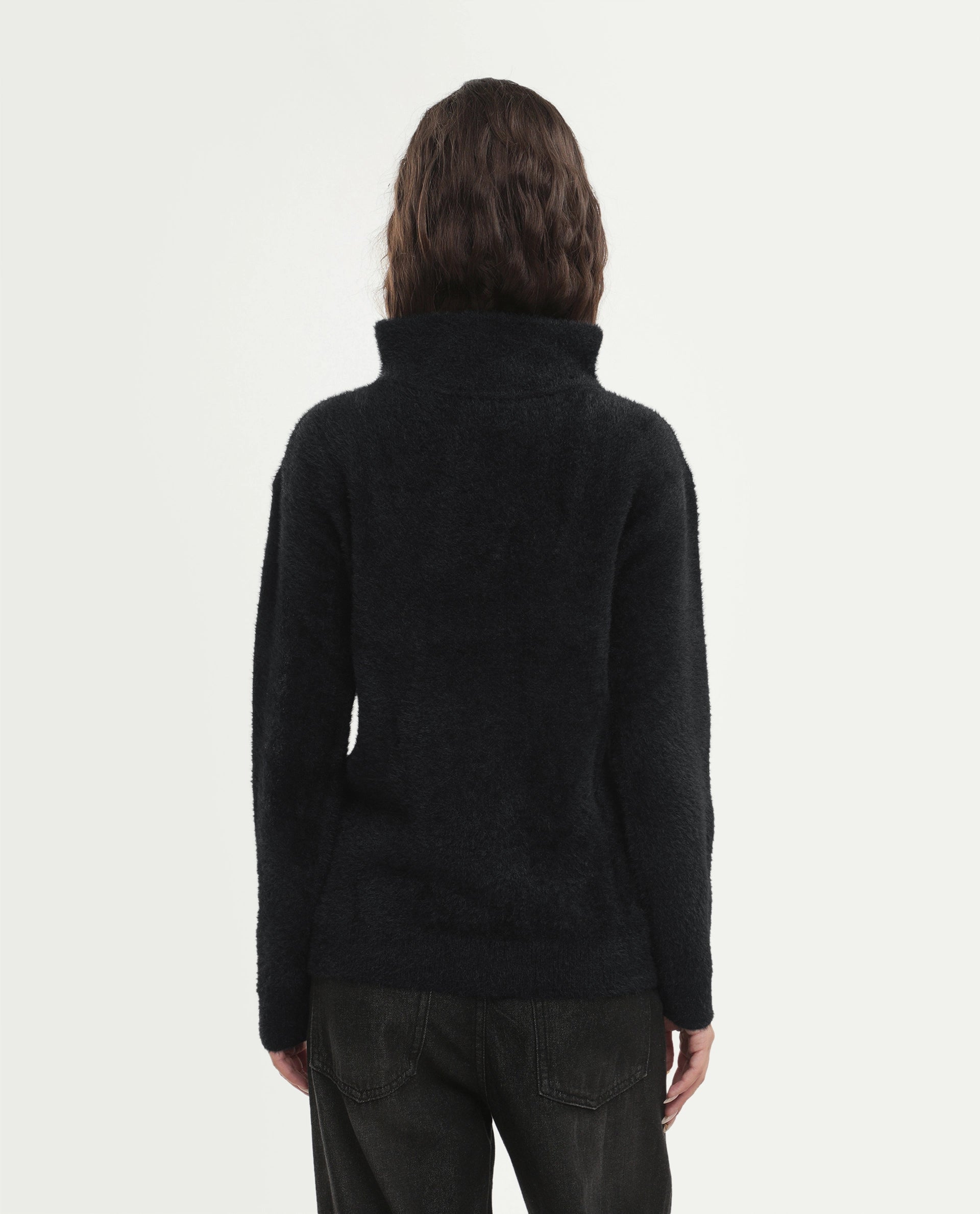 Rareism Women's Asseraw26 Black Nylon Blend Johnny Collar Relaxed Fit Plain Sweater