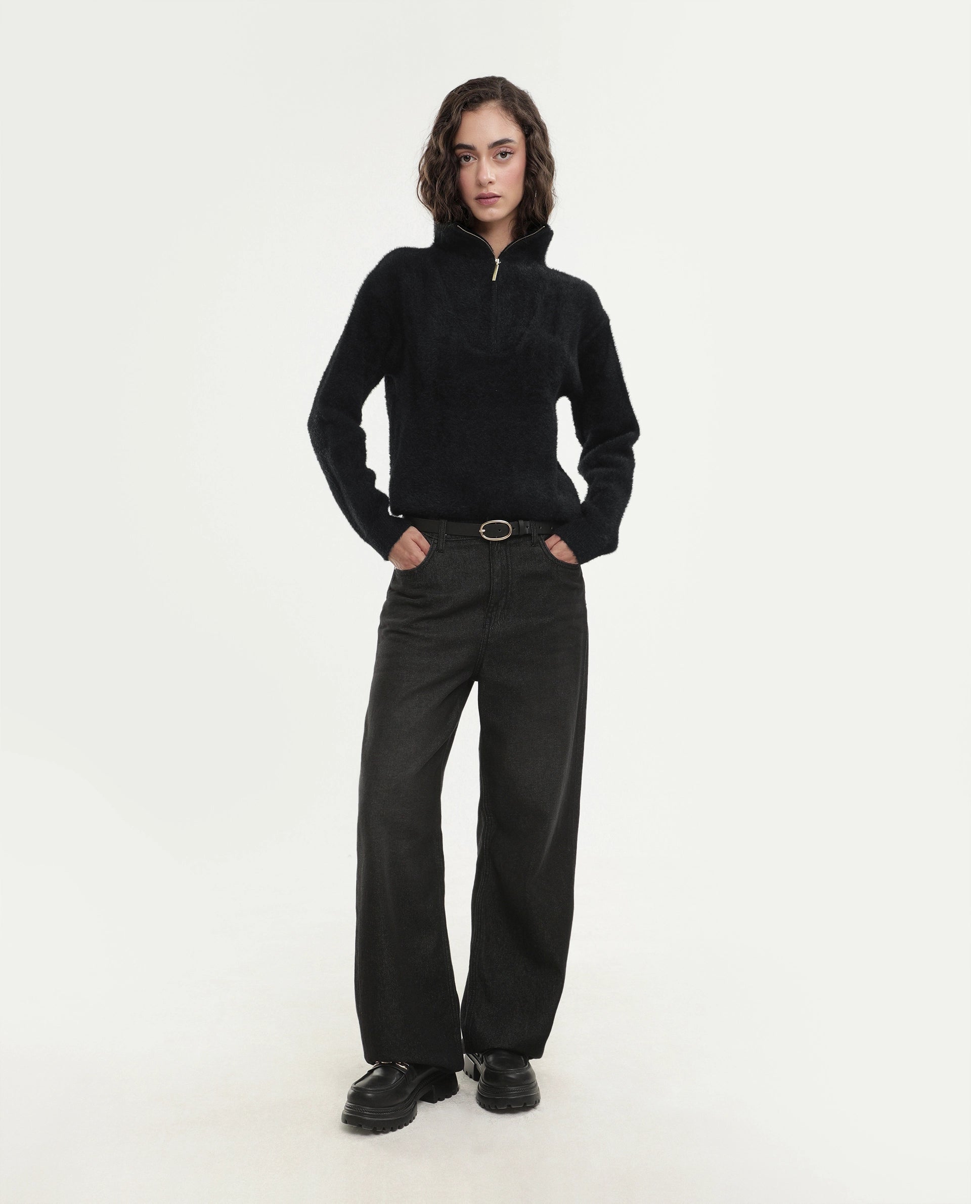 Rareism Women's Asseraw26 Black Nylon Blend Johnny Collar Relaxed Fit Plain Sweater