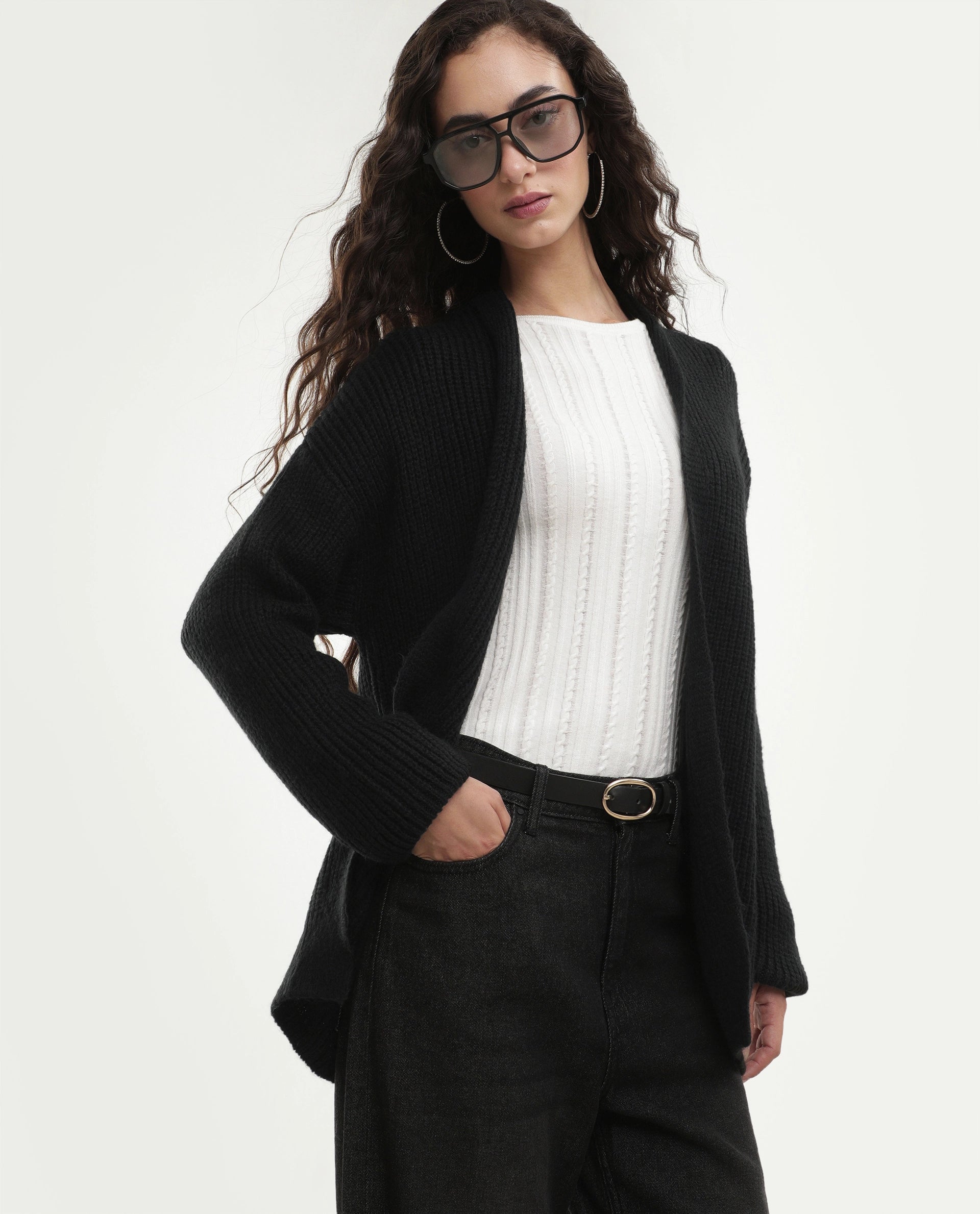 Rareism Women's Jugaw26 Black Acrylic Blend Lapel Neck Relaxed Fit Plain Shrug