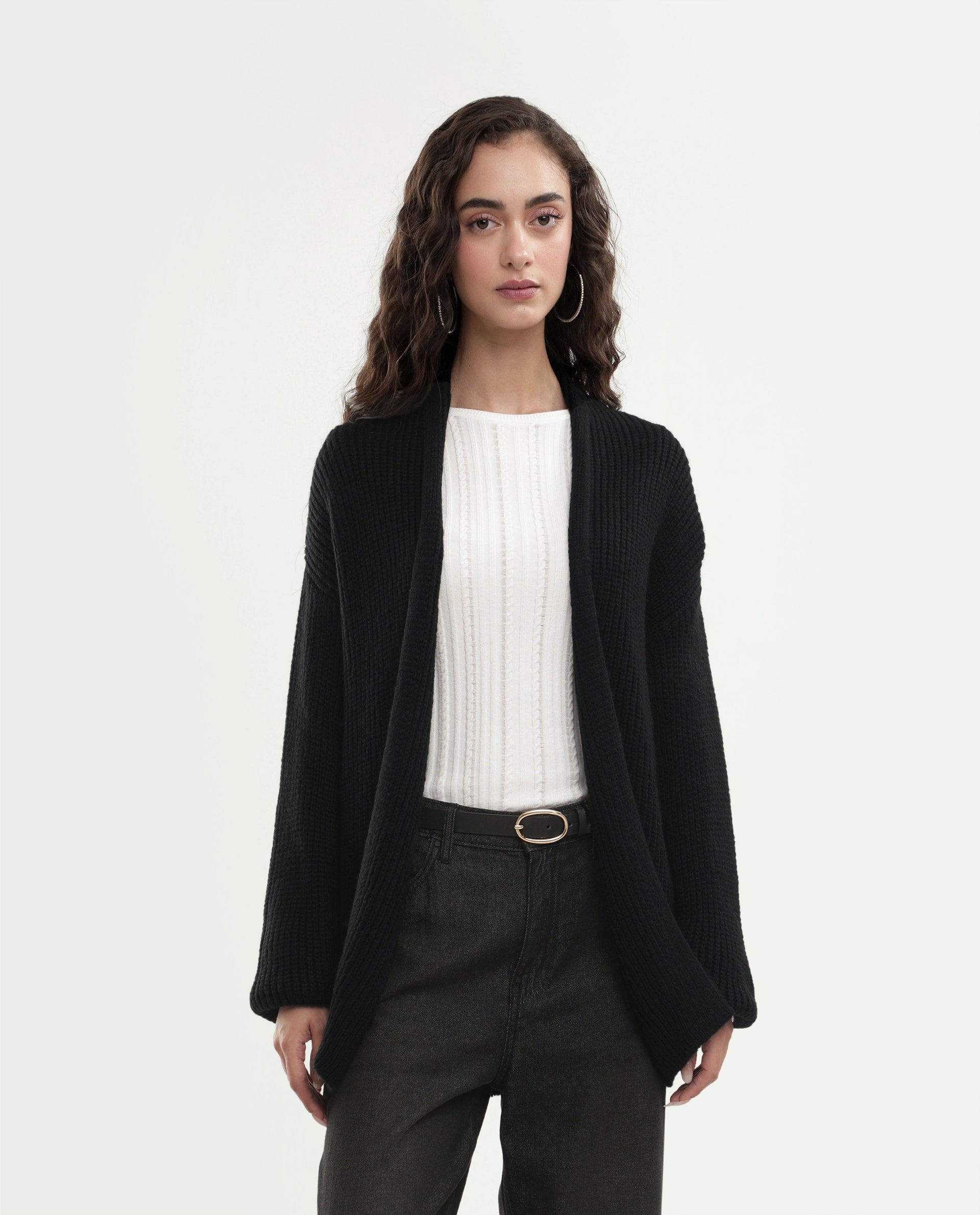 Rareism Women's Jugaw26 Black Acrylic Blend Lapel Neck Relaxed Fit Plain Shrug