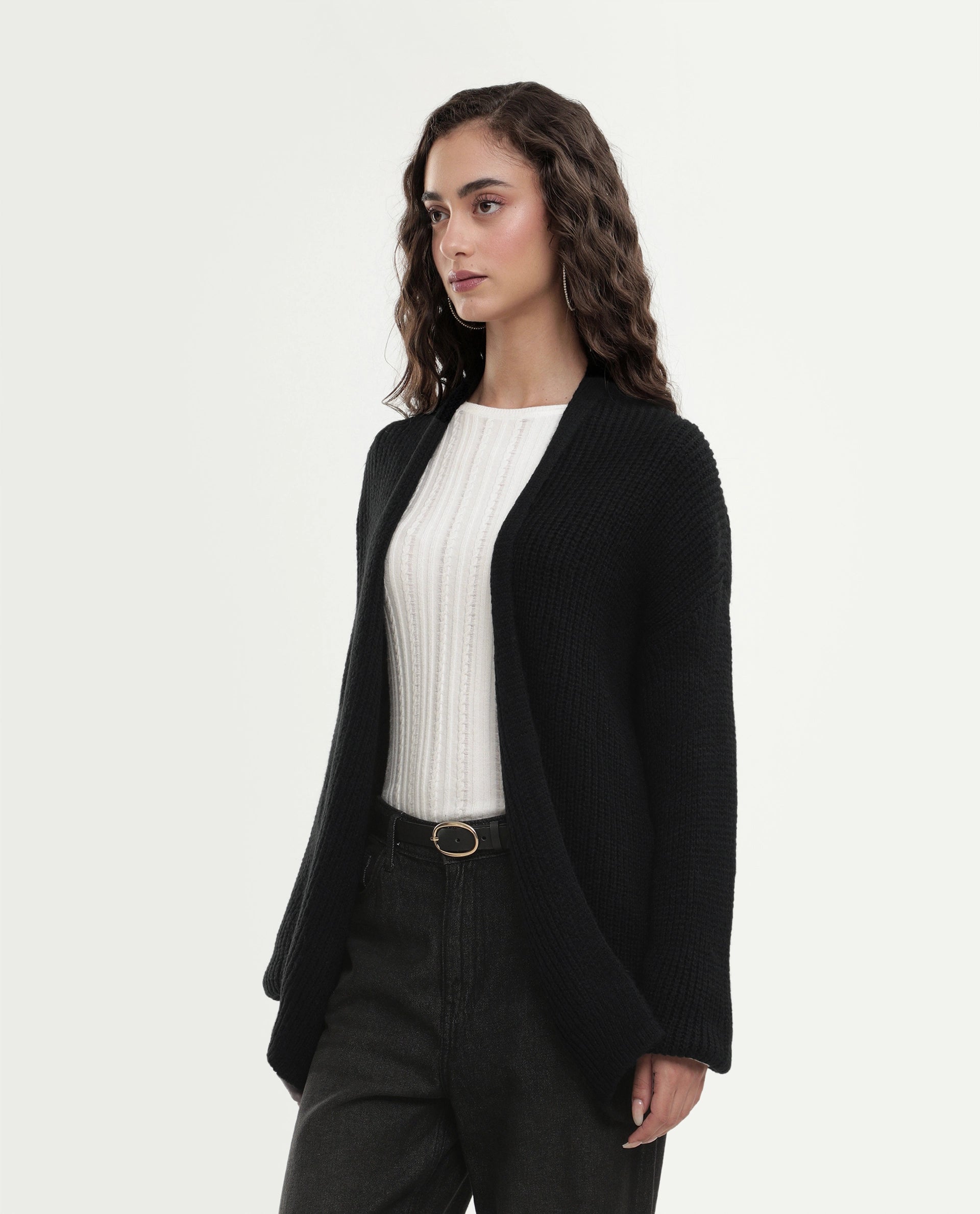 Rareism Women's Jugaw26 Black Acrylic Blend Lapel Neck Relaxed Fit Plain Shrug