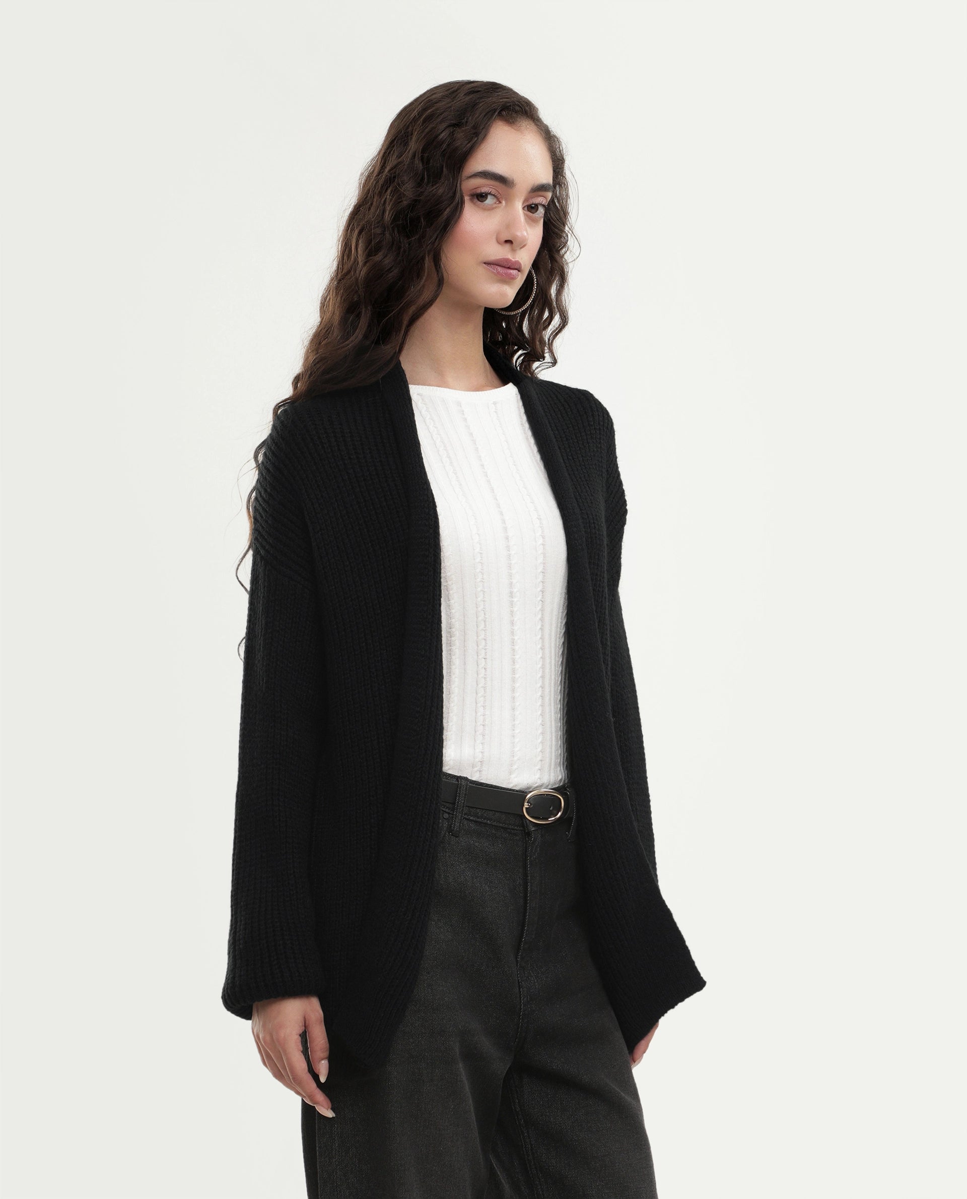 Rareism Women's Jugaw26 Black Acrylic Blend Lapel Neck Relaxed Fit Plain Shrug