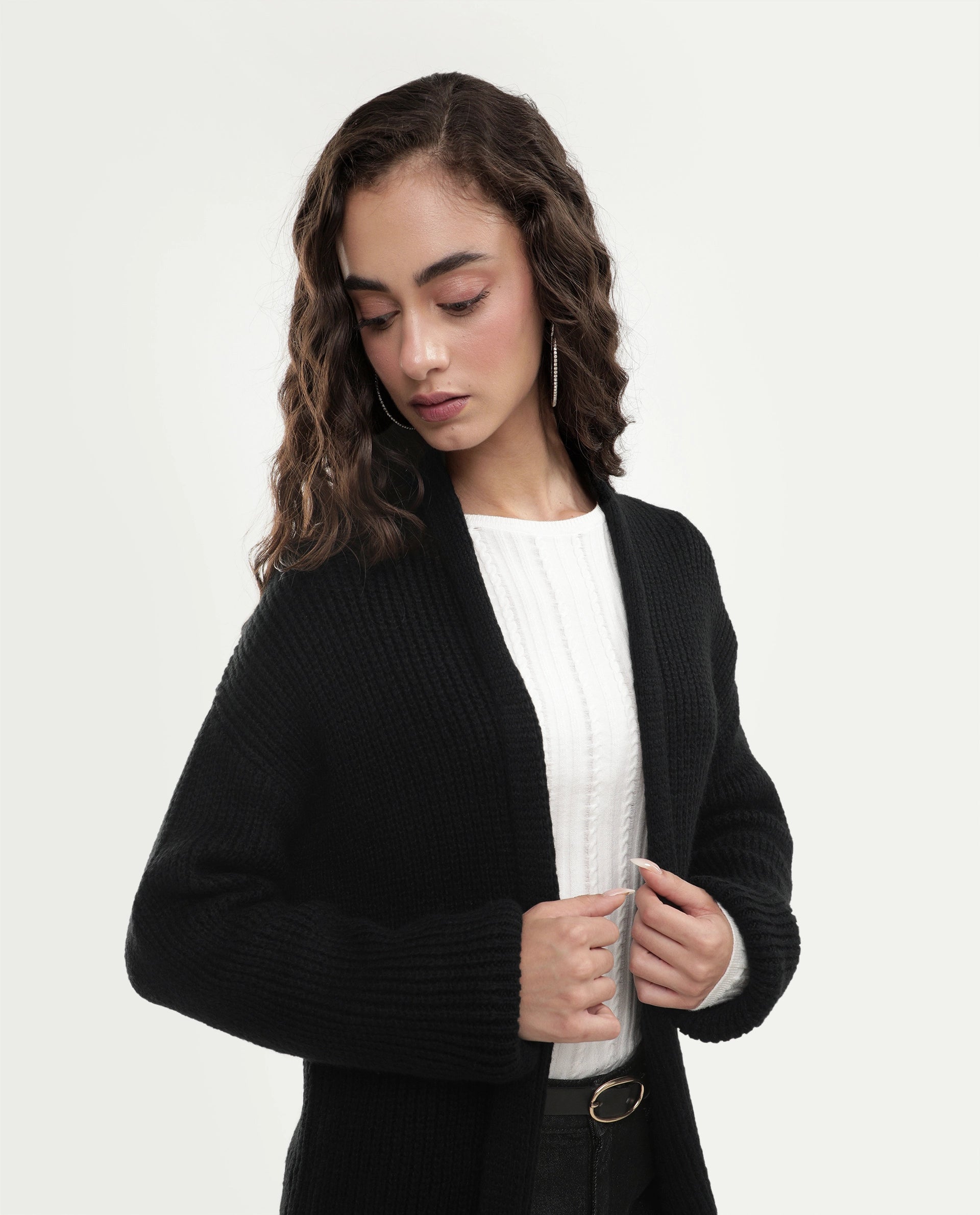 Rareism Women's Jugaw26 Black Acrylic Blend Lapel Neck Relaxed Fit Plain Shrug