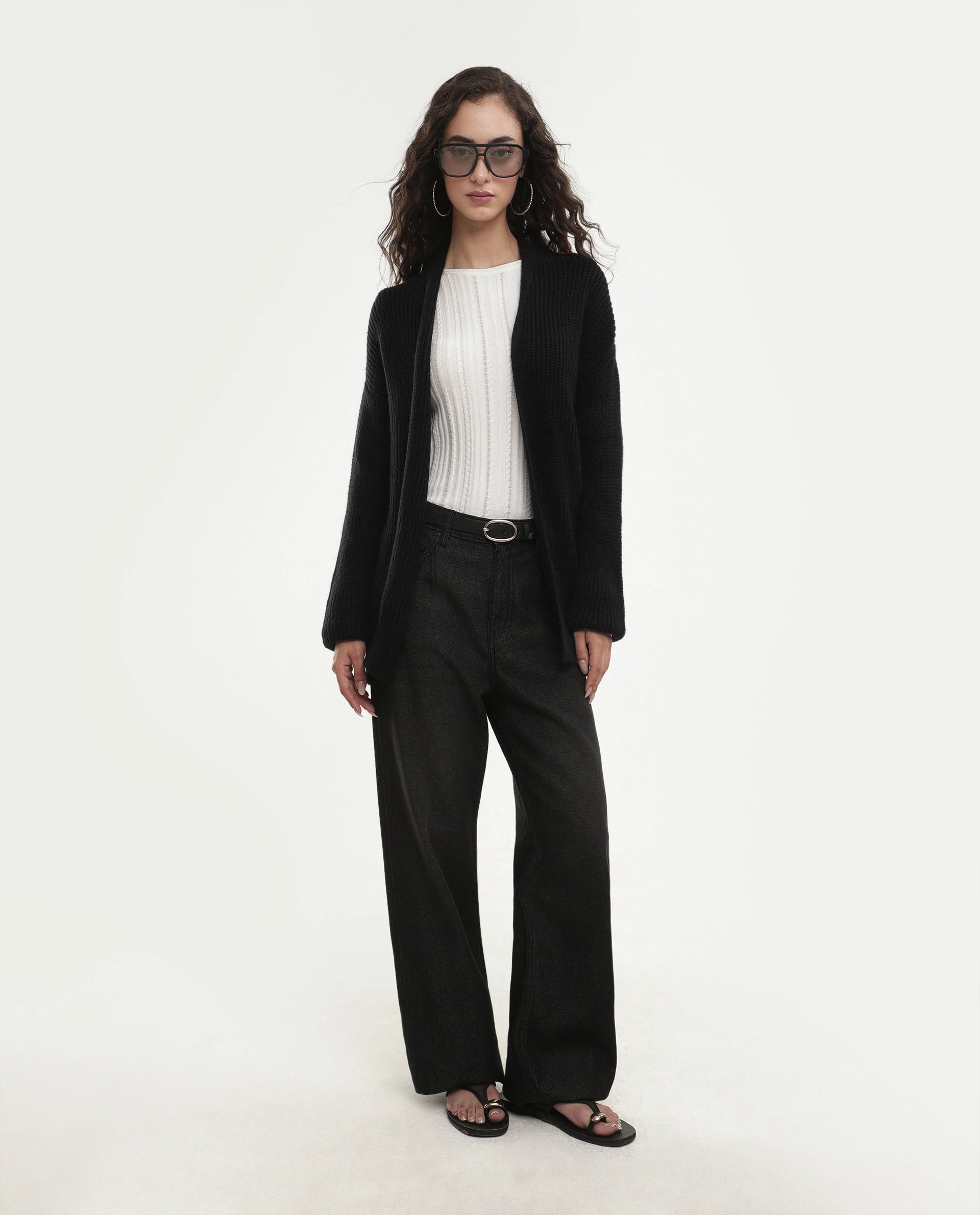 Rareism Women's Jugaw26 Black Acrylic Blend Lapel Neck Relaxed Fit Plain Shrug