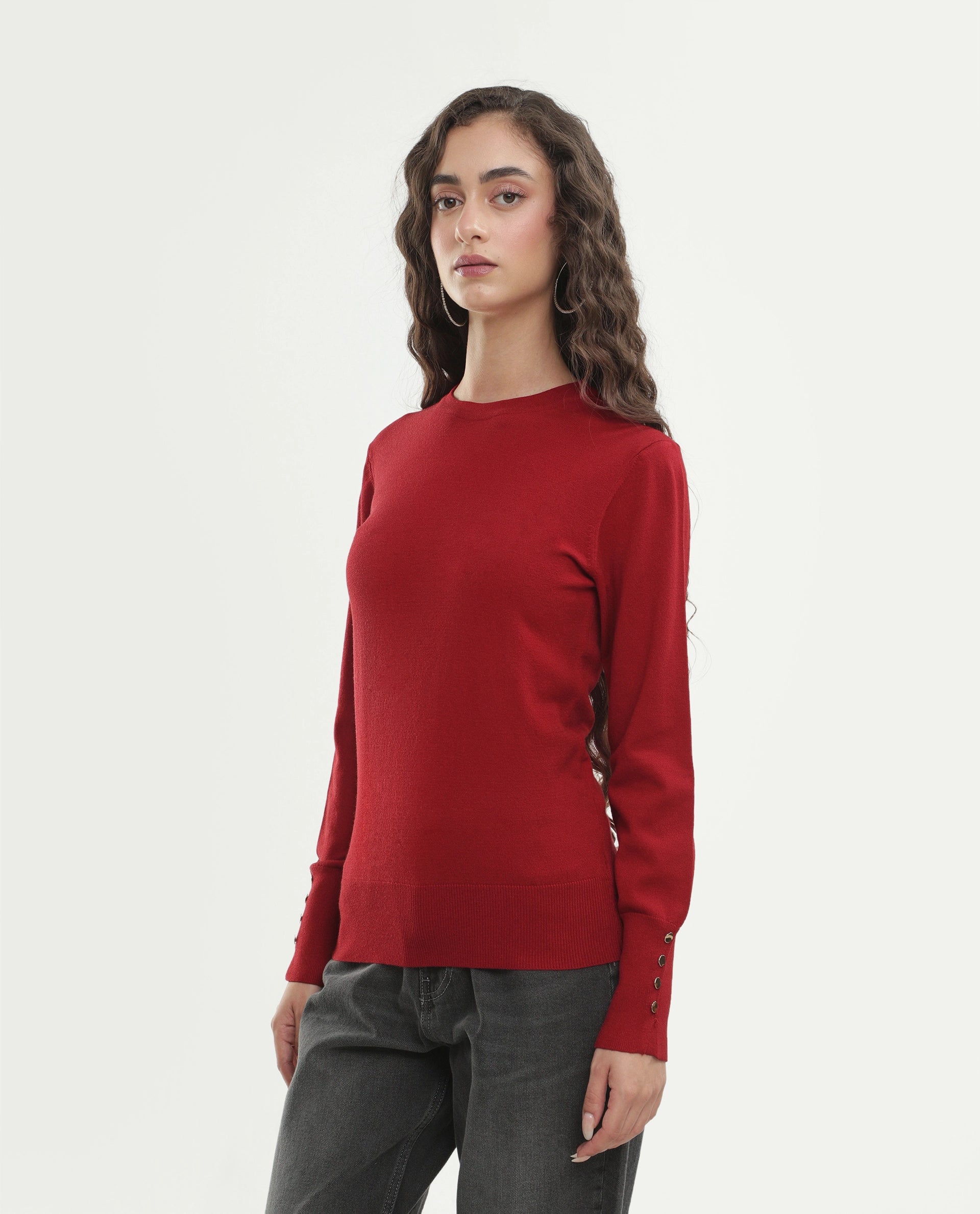 Rareism Women's Loran Dark Red Viscose Blend Crew Neck Regular Fit Plain Top