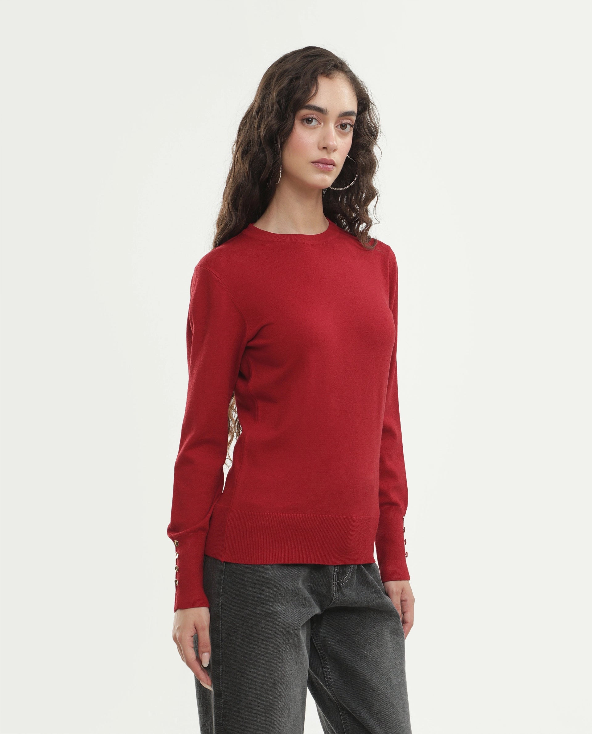 Rareism Women's Loran Dark Red Viscose Blend Crew Neck Regular Fit Plain Top