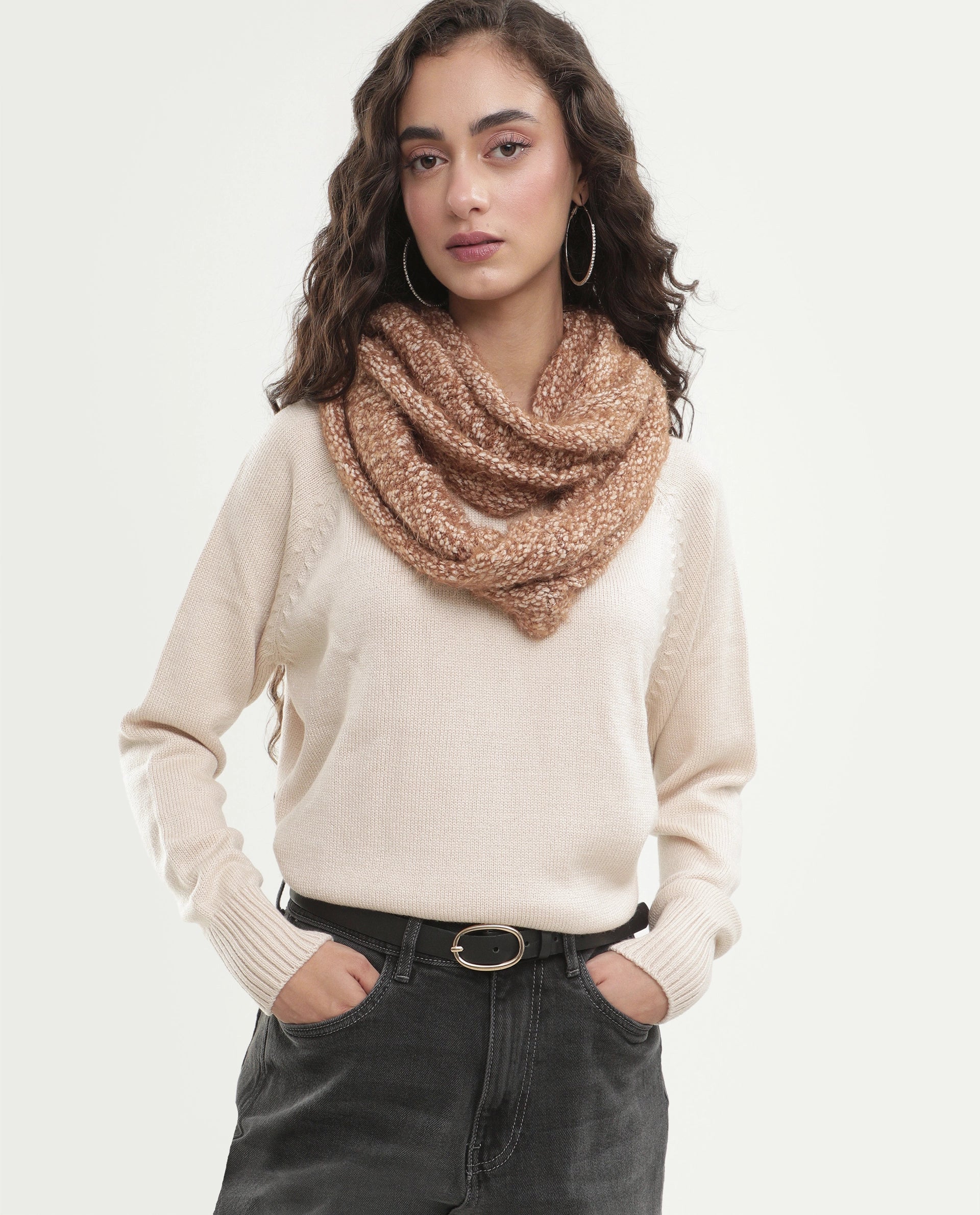 Rareism Women's Mitso Light Beige Acrylic Crew Neck Relaxed Fit Plain Sweater