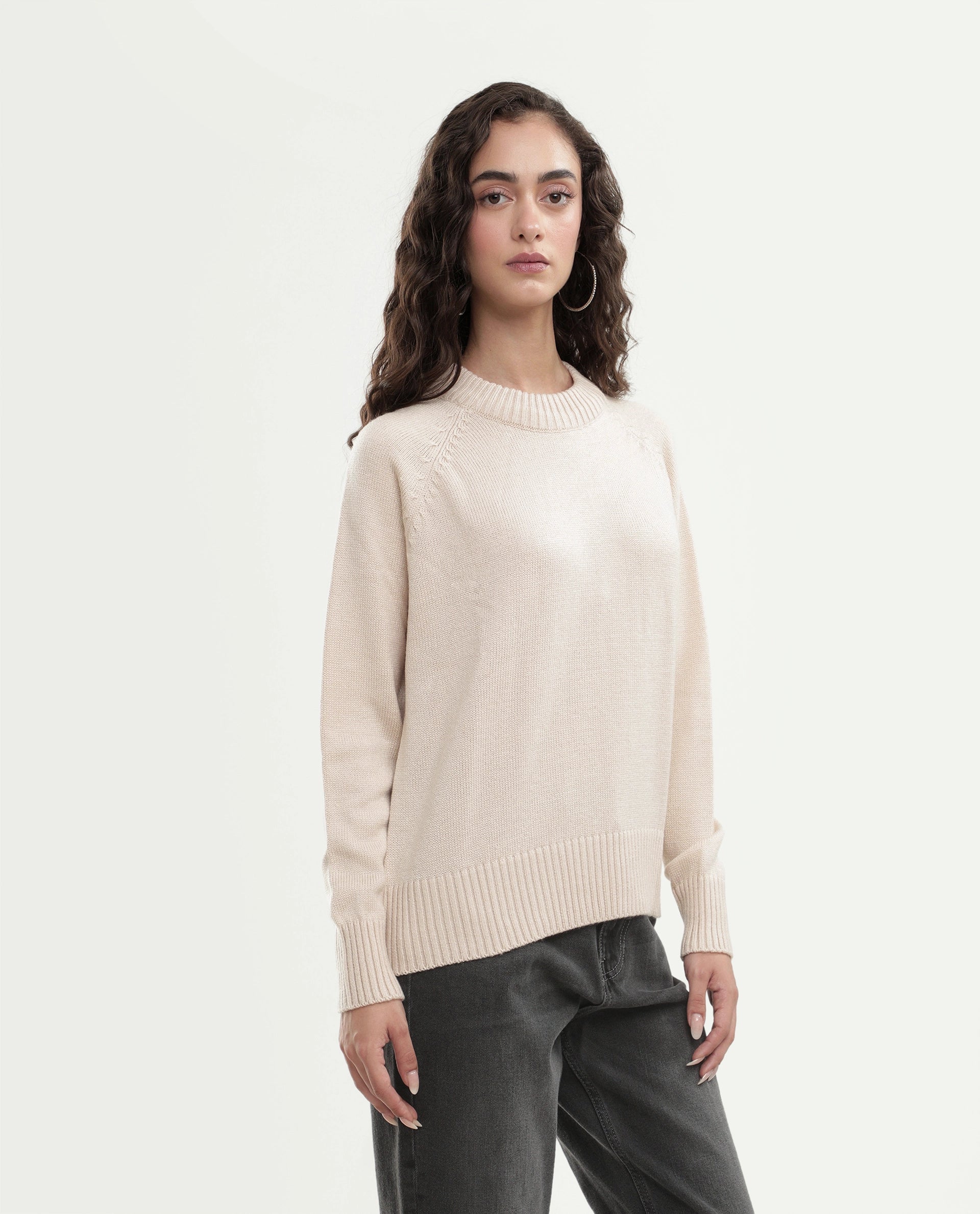 Rareism Women's Mitso Light Beige Acrylic Crew Neck Relaxed Fit Plain Sweater