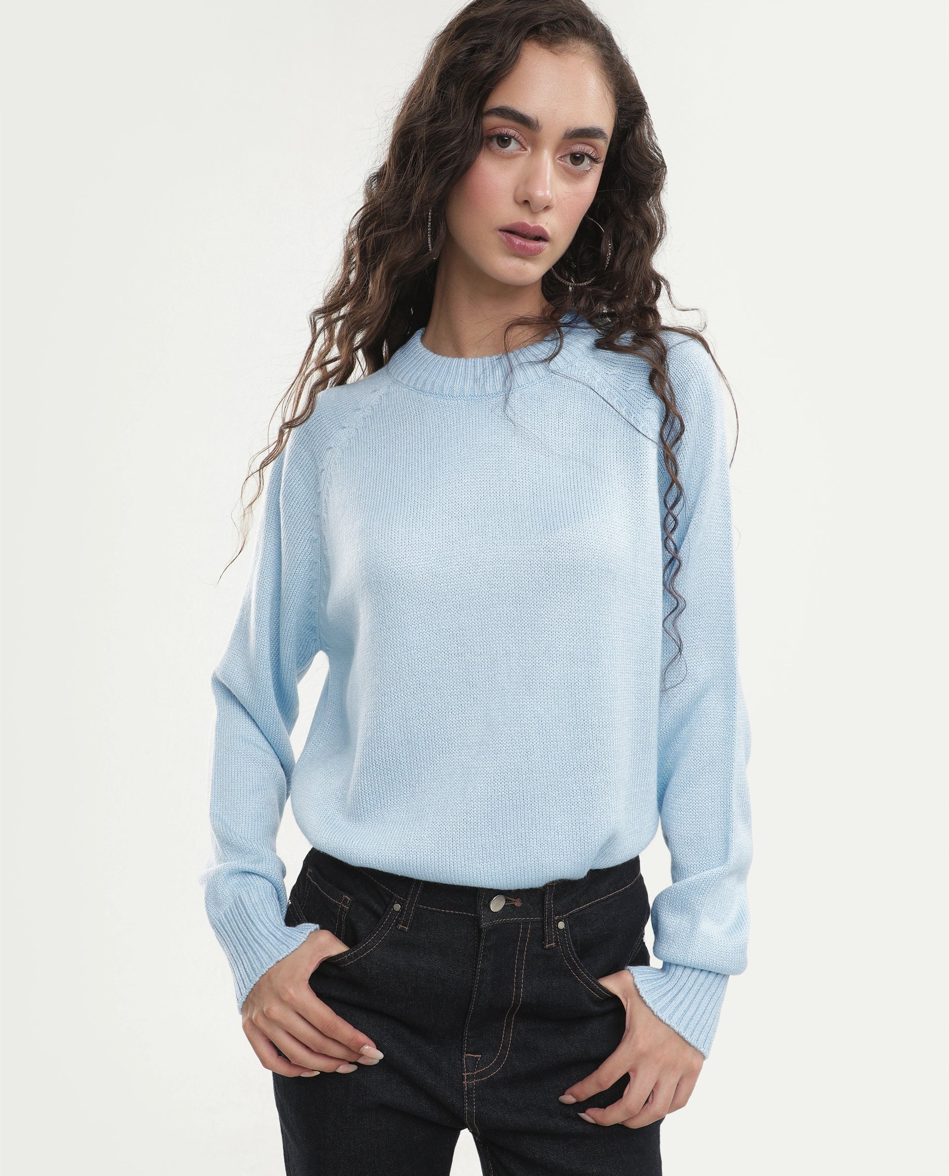 Rareism Women's Mitso Pastel Blue Acrylic Crew Neck Relaxed Fit Plain Sweater