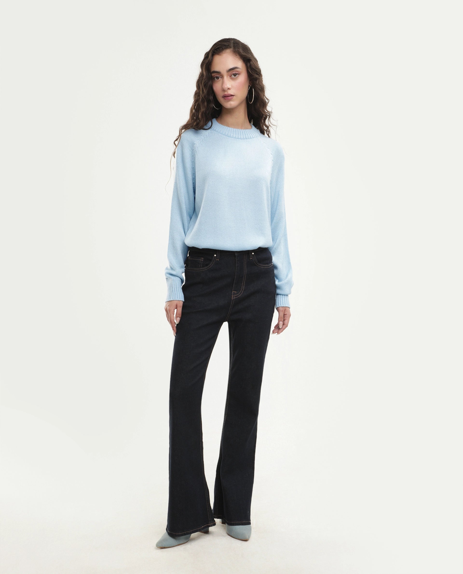 Rareism Women's Mitso Pastel Blue Acrylic Crew Neck Relaxed Fit Plain Sweater