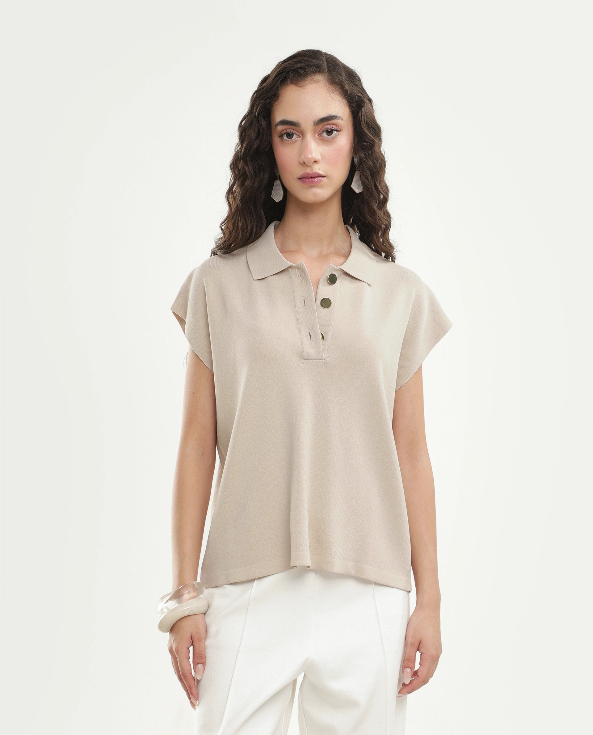 Rareism Women's Prepolaw26 Beige Viscose Blend Spread Collar Relaxed Fit Plain Top