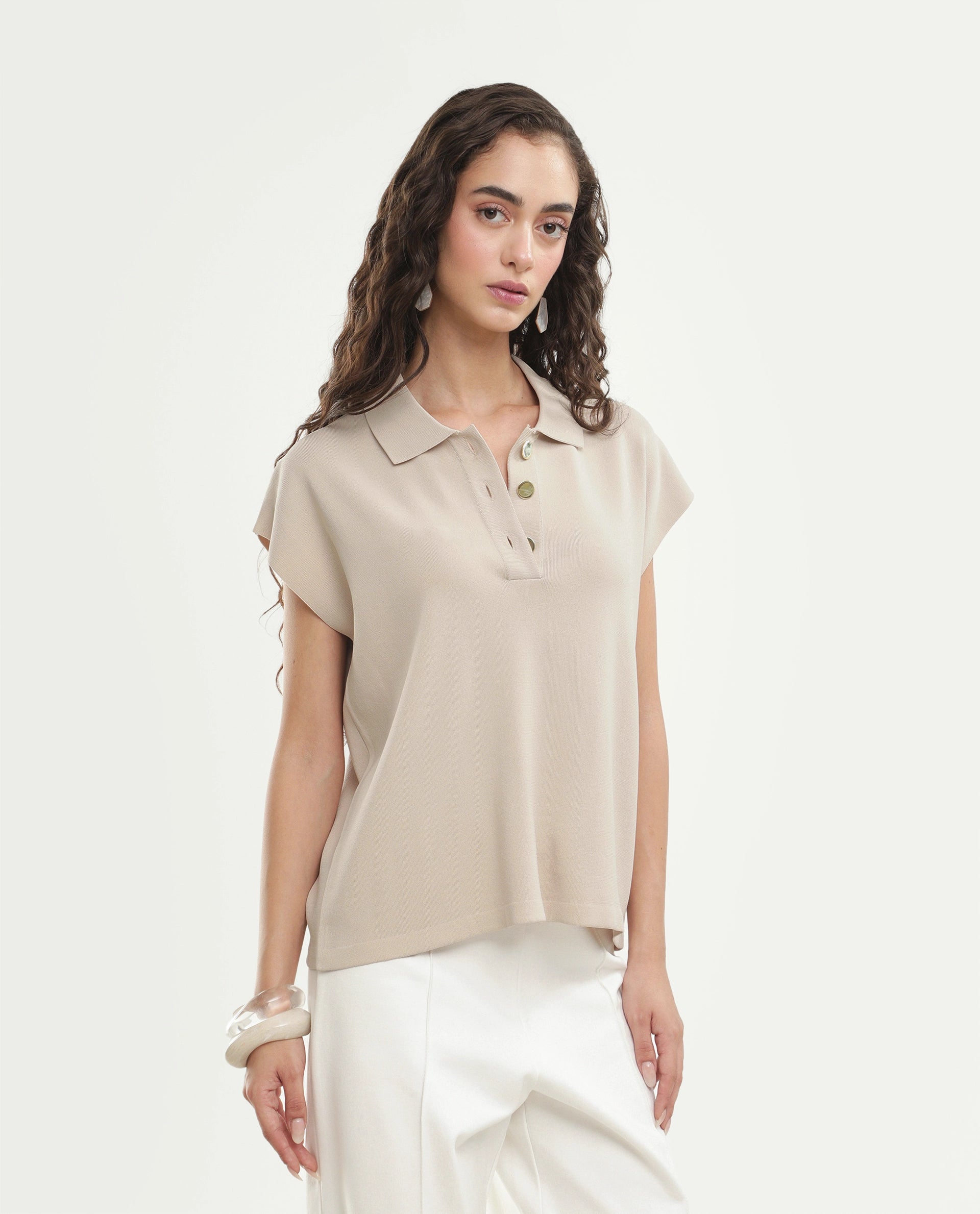 Rareism Women's Prepolaw26 Beige Viscose Blend Spread Collar Relaxed Fit Plain Top