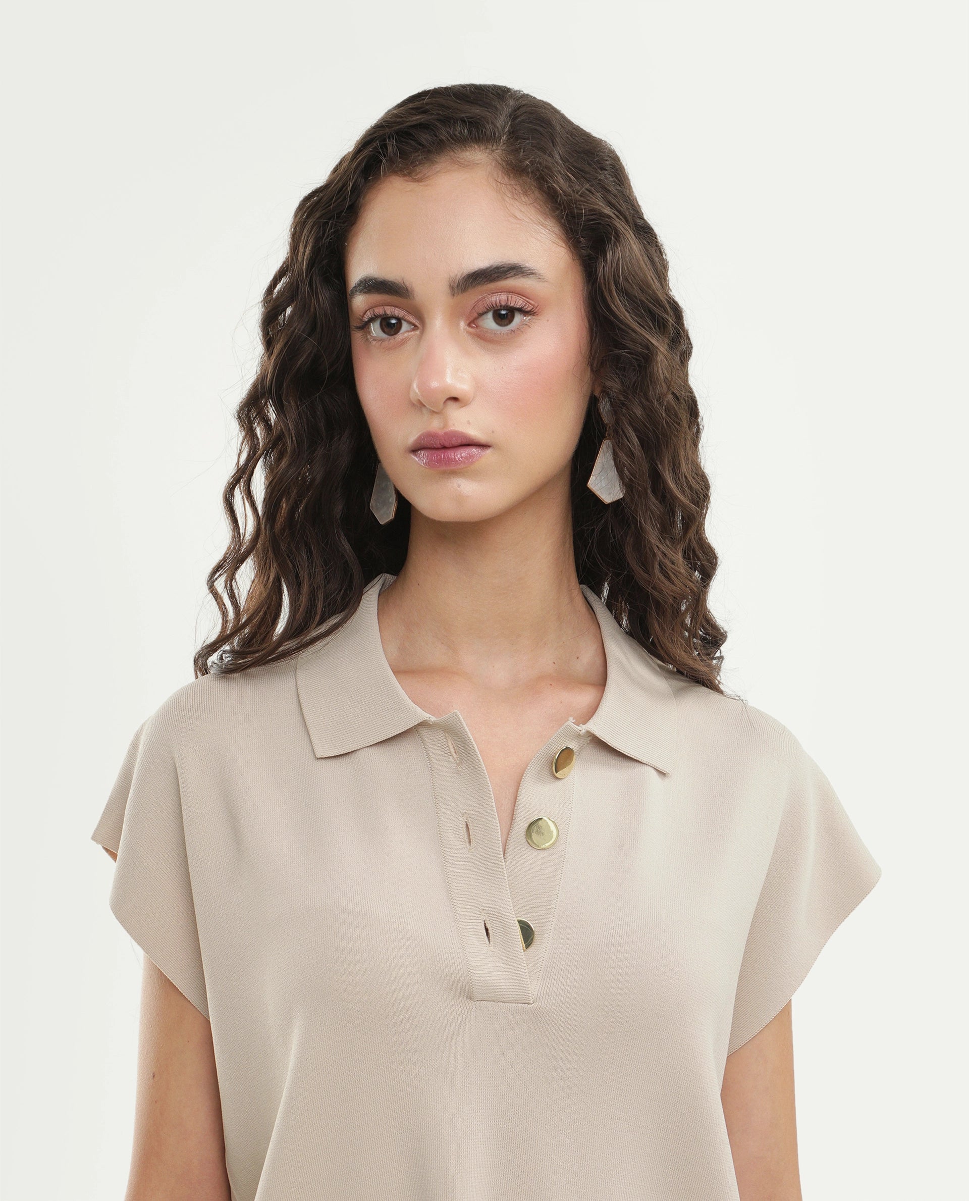 Rareism Women's Prepolaw26 Beige Viscose Blend Spread Collar Relaxed Fit Plain Top