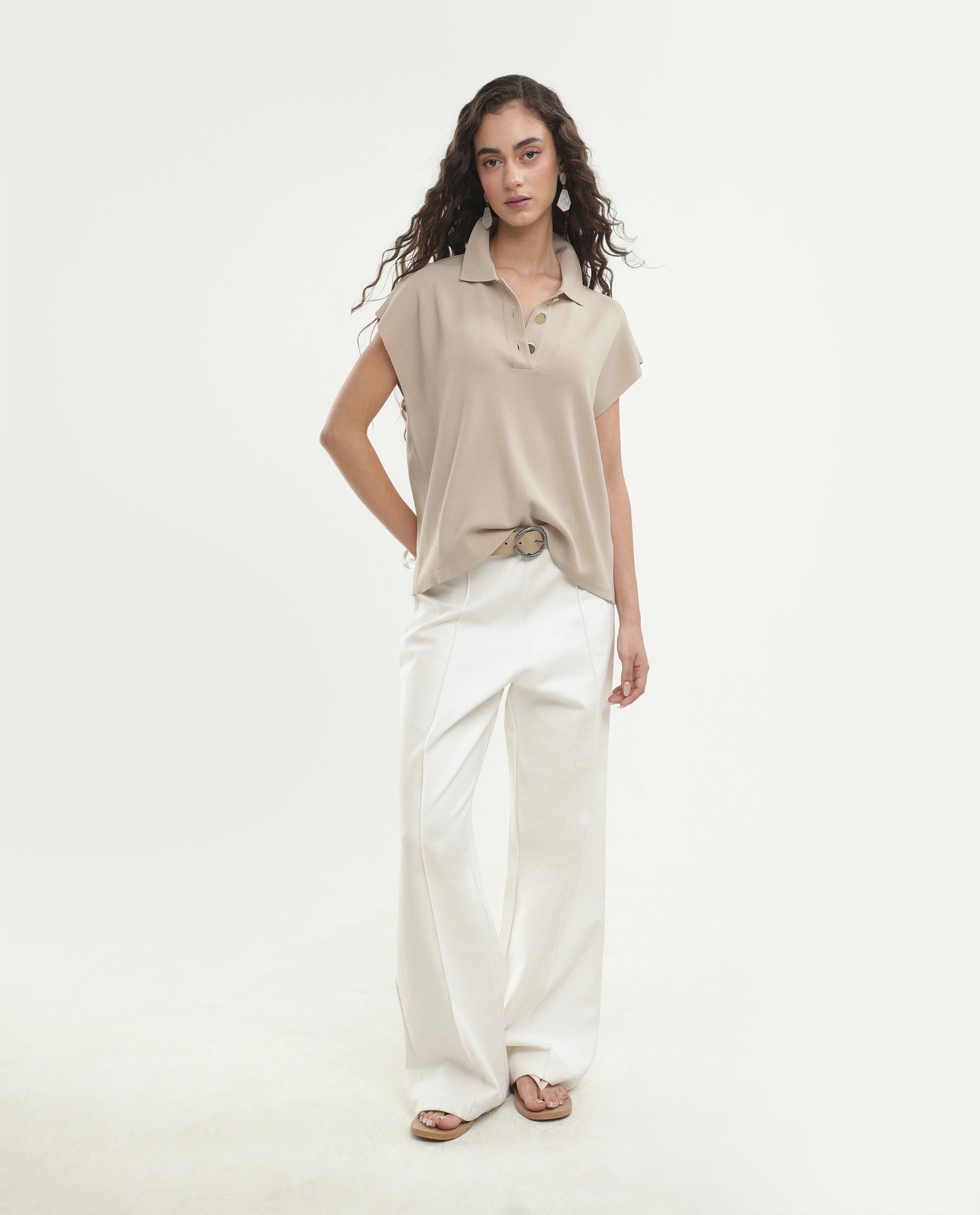 Rareism Women's Prepolaw26 Beige Viscose Blend Spread Collar Relaxed Fit Plain Top