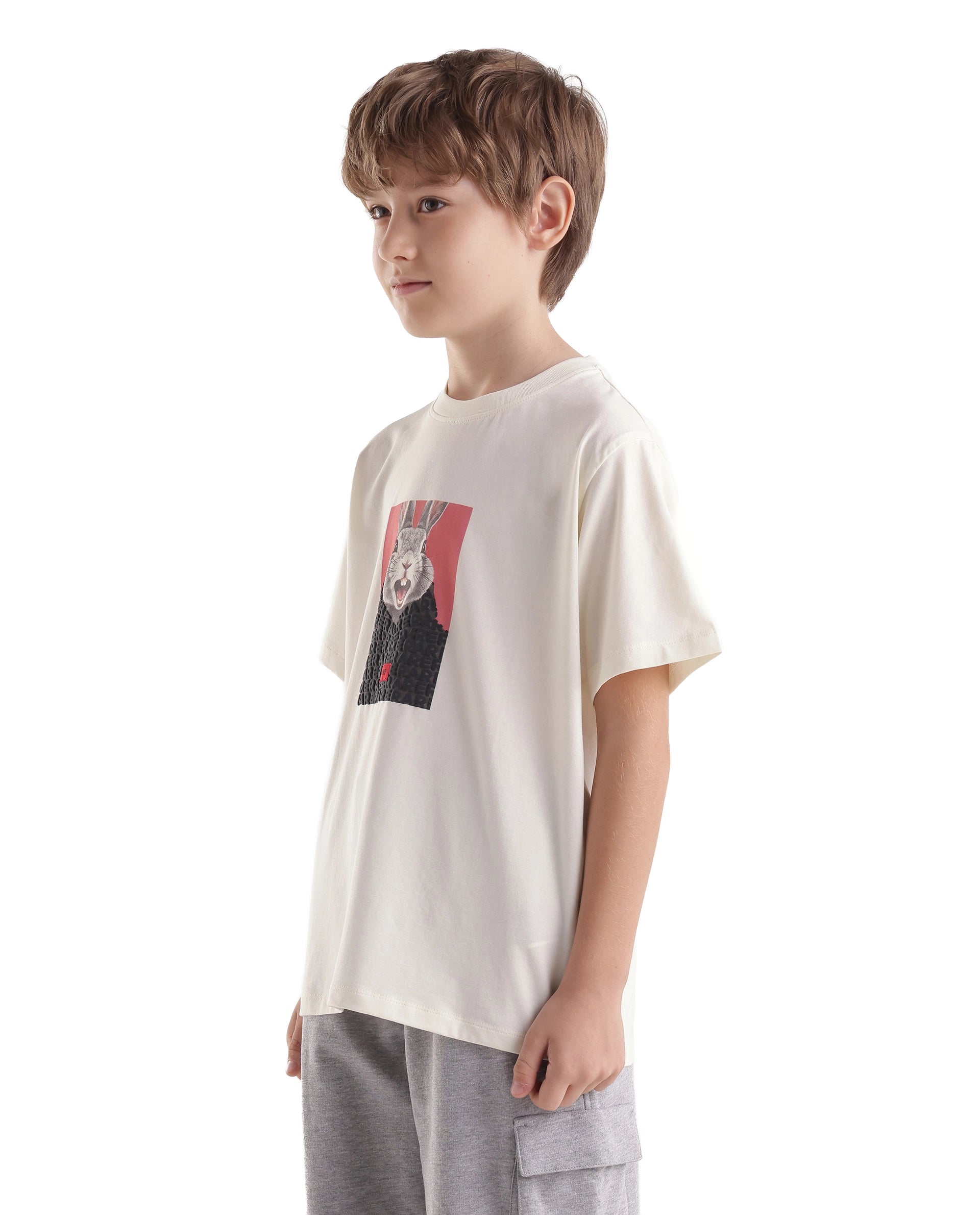 Rare Ones Kids Bunt Off White Cotton Blend Fabric Pull-On Closure Regular Fit Graphic Print T-Shirt